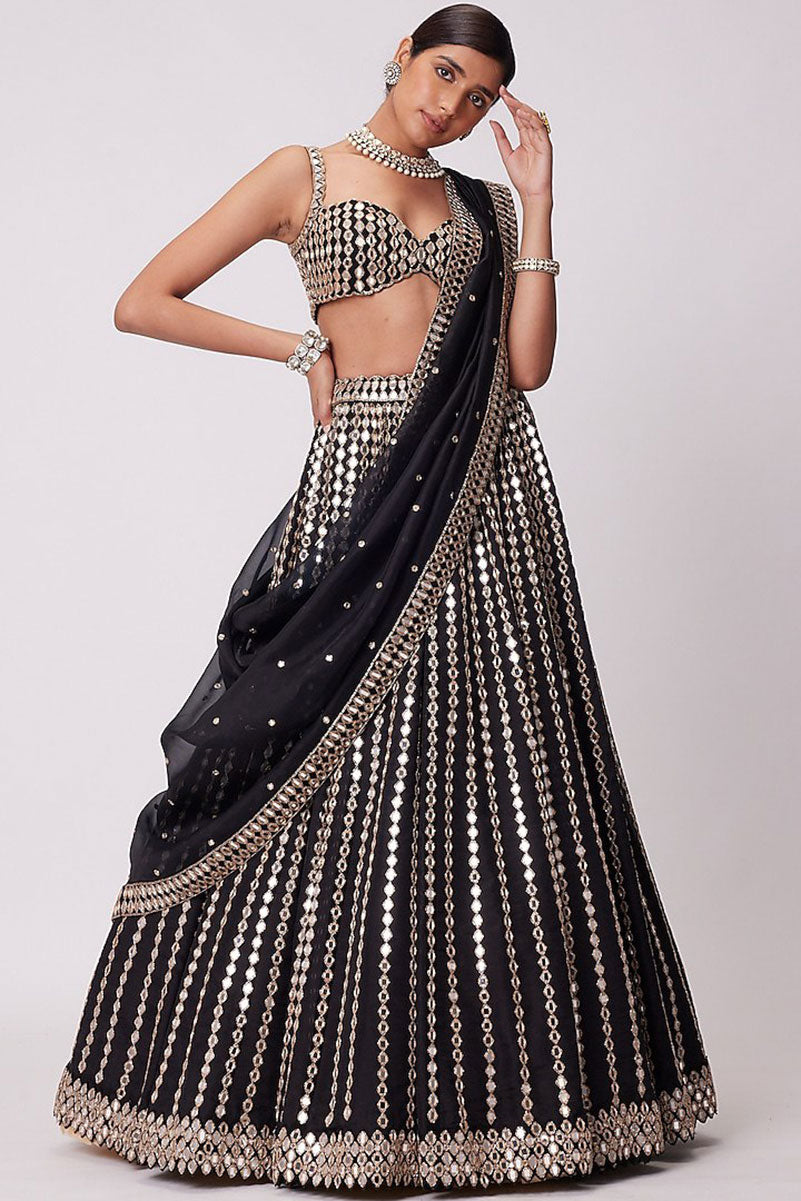 Black Organza Silk Paper Mirror & Zari Lehenga Choli