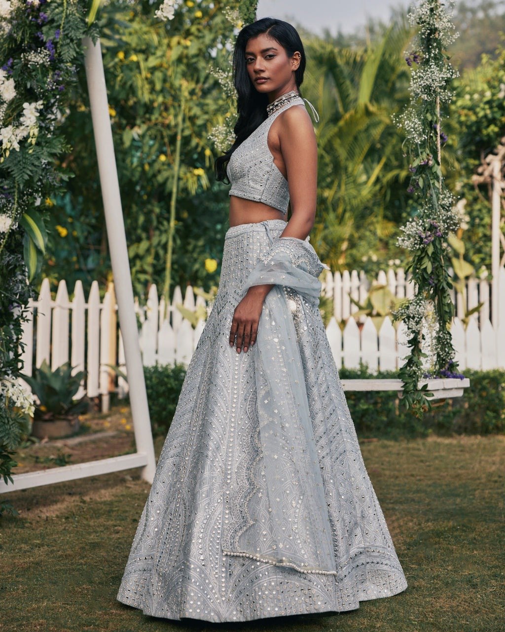 Steel Grey Banglori Silk Mirror Work Lehenga Choli with Dupatta