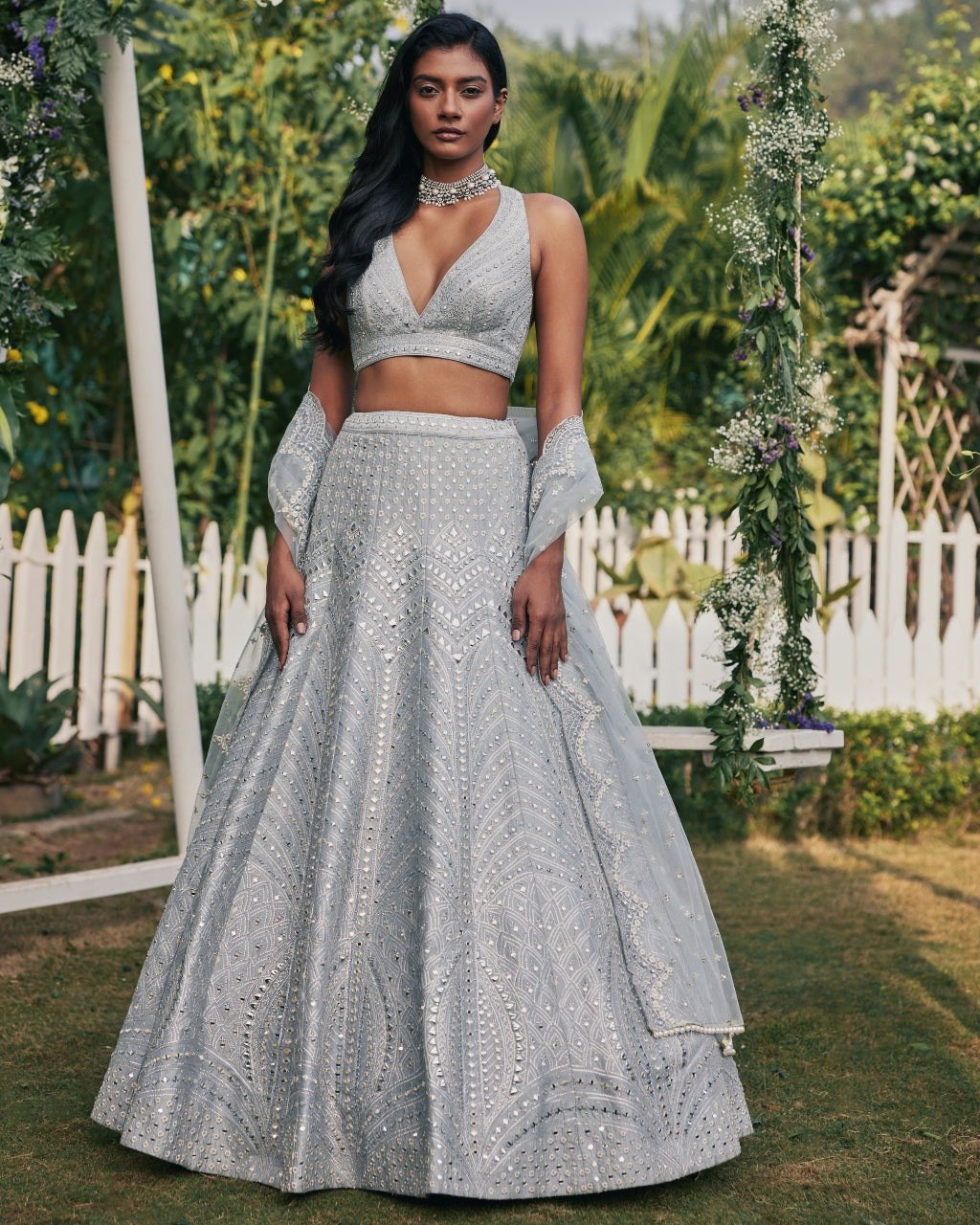 Steel grey heavy Banglori silk lehenga choli with mirror work and zari embroidery