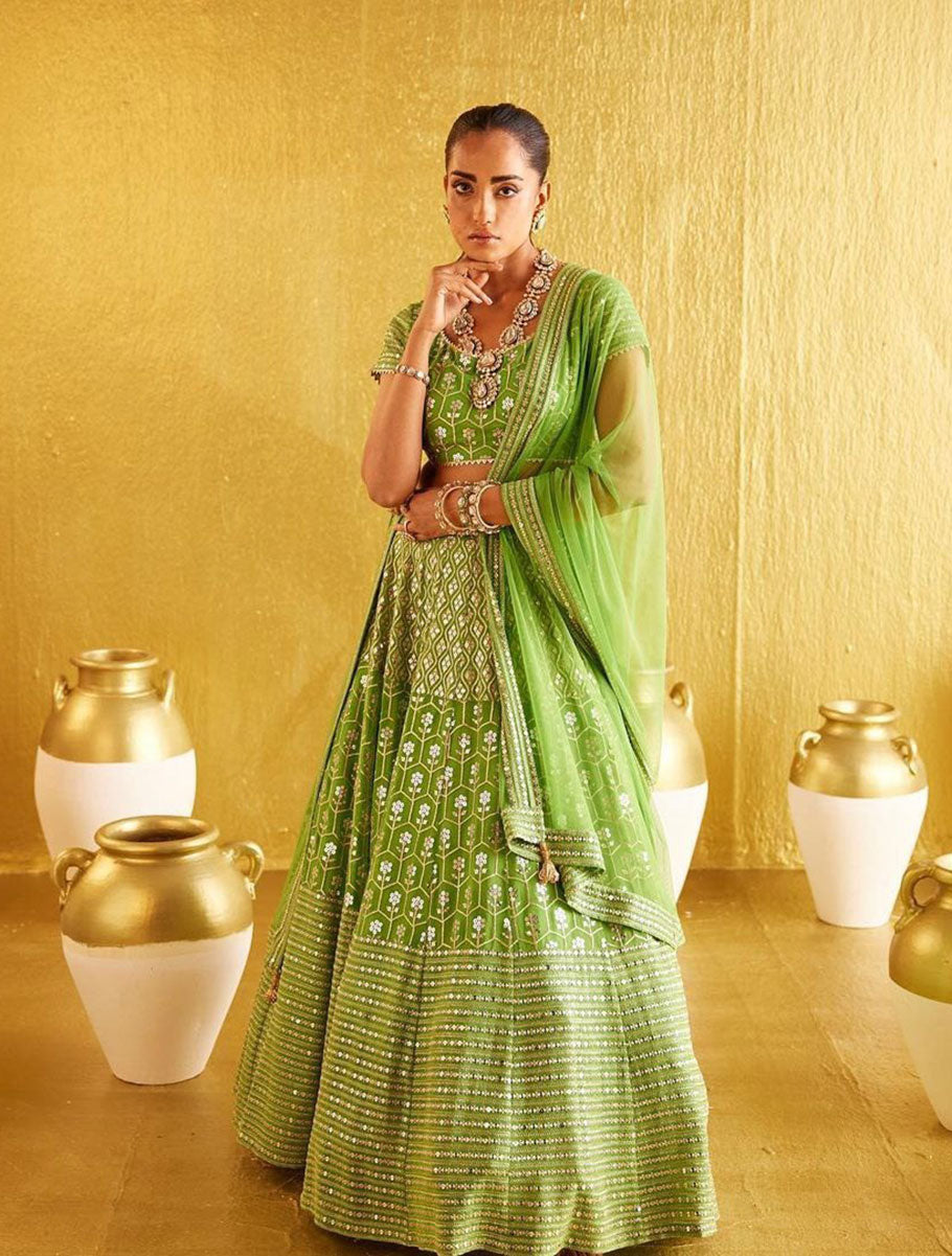 Parrot Green Banglory Silk Sequin Embroidered Lehenga