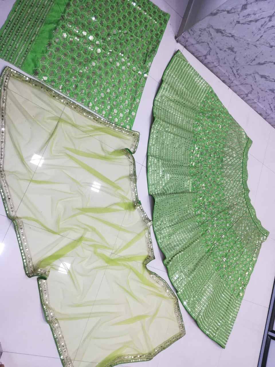 Parrot Green Banglory Silk Sequin Embroidered Lehenga