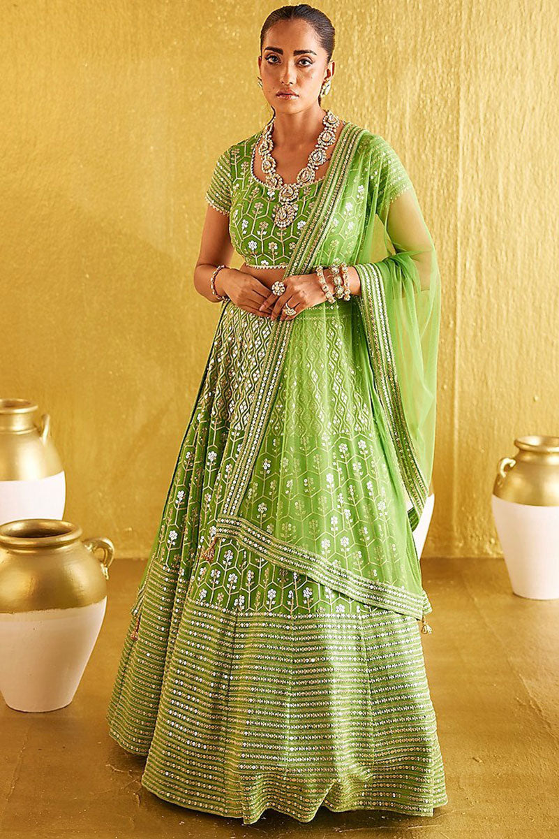 Parrot Green Banglory Silk lehenga featuring 9MM sequins and Zari work