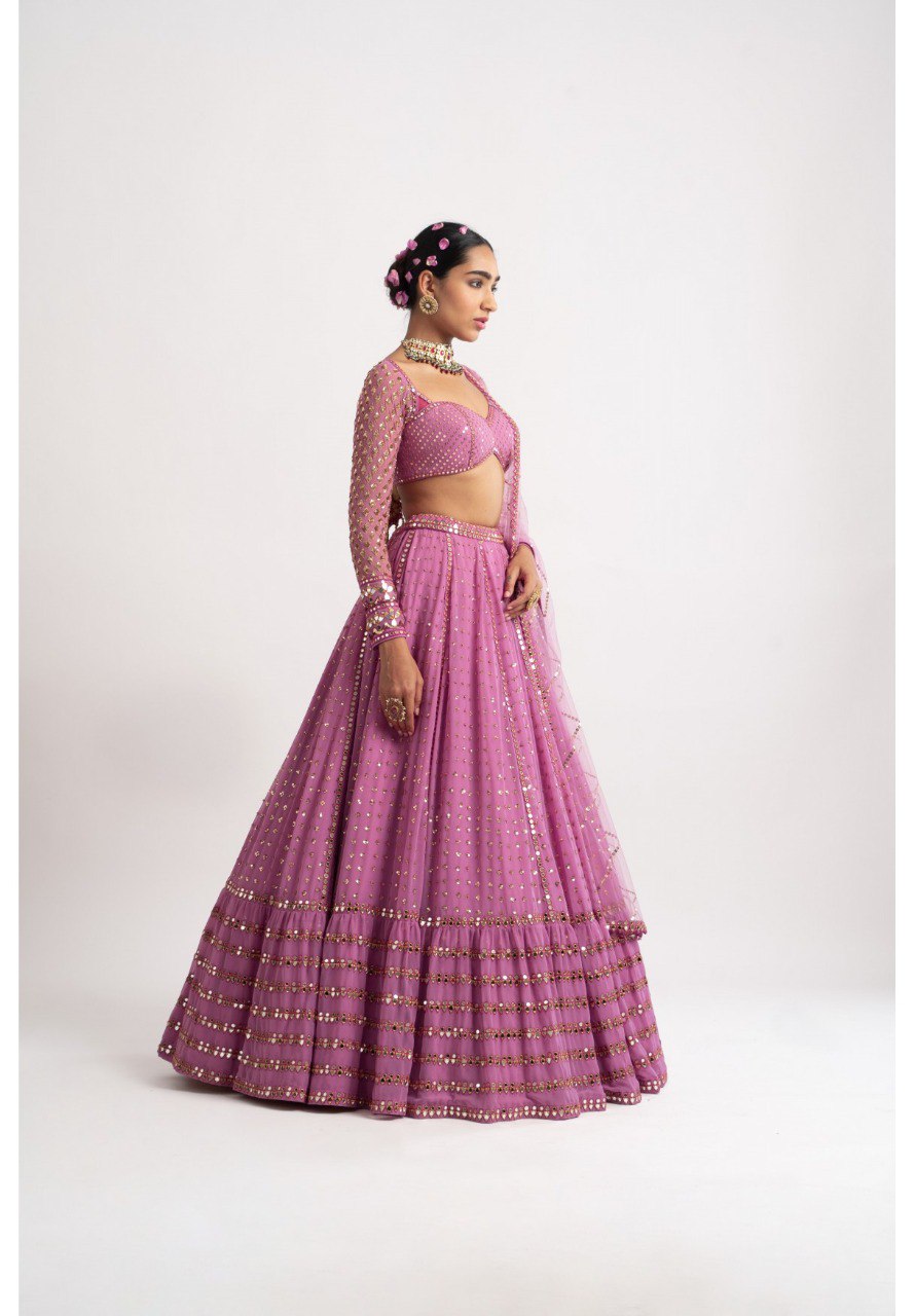 Metallic Pink Faux Georgette Sequined Lehenga Choli with Dupatta