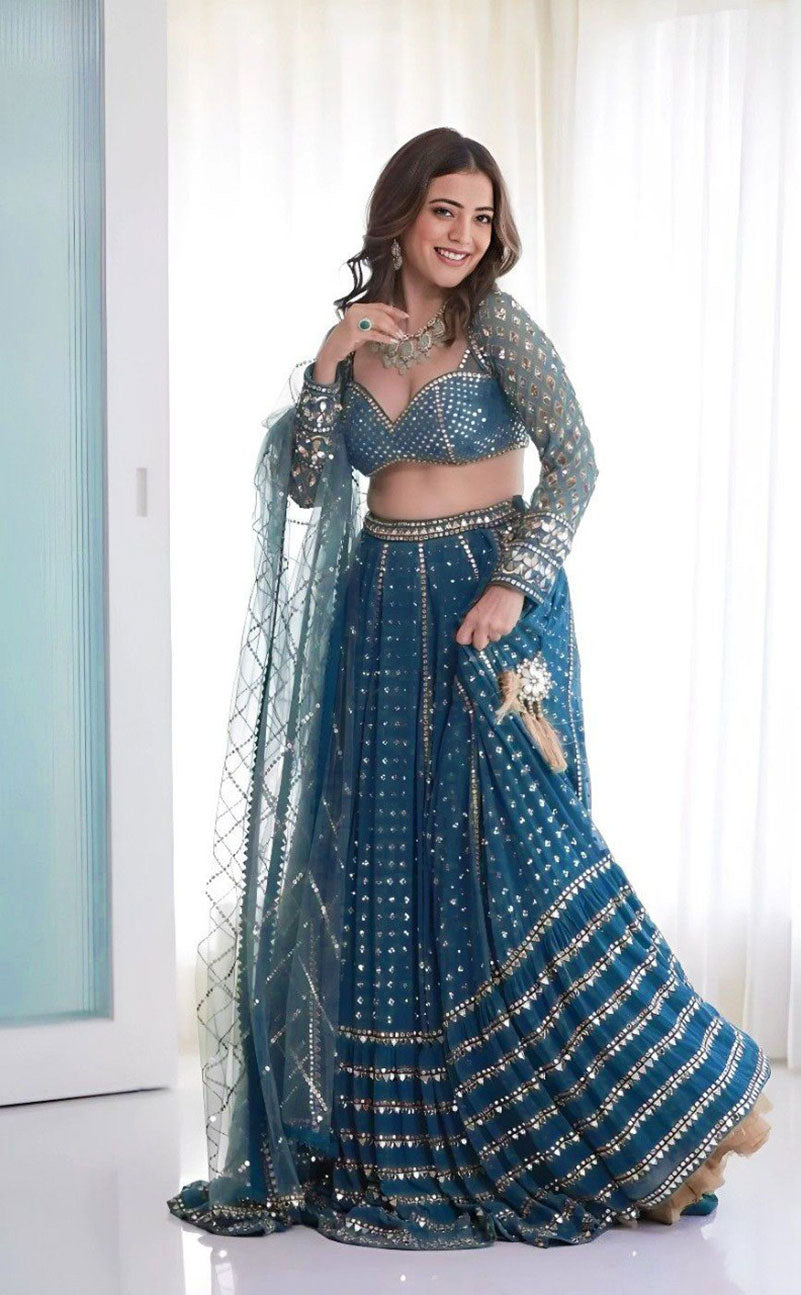 Blue Faux Georgette Lehenga Choli with Multi-Size Sequins & Zari