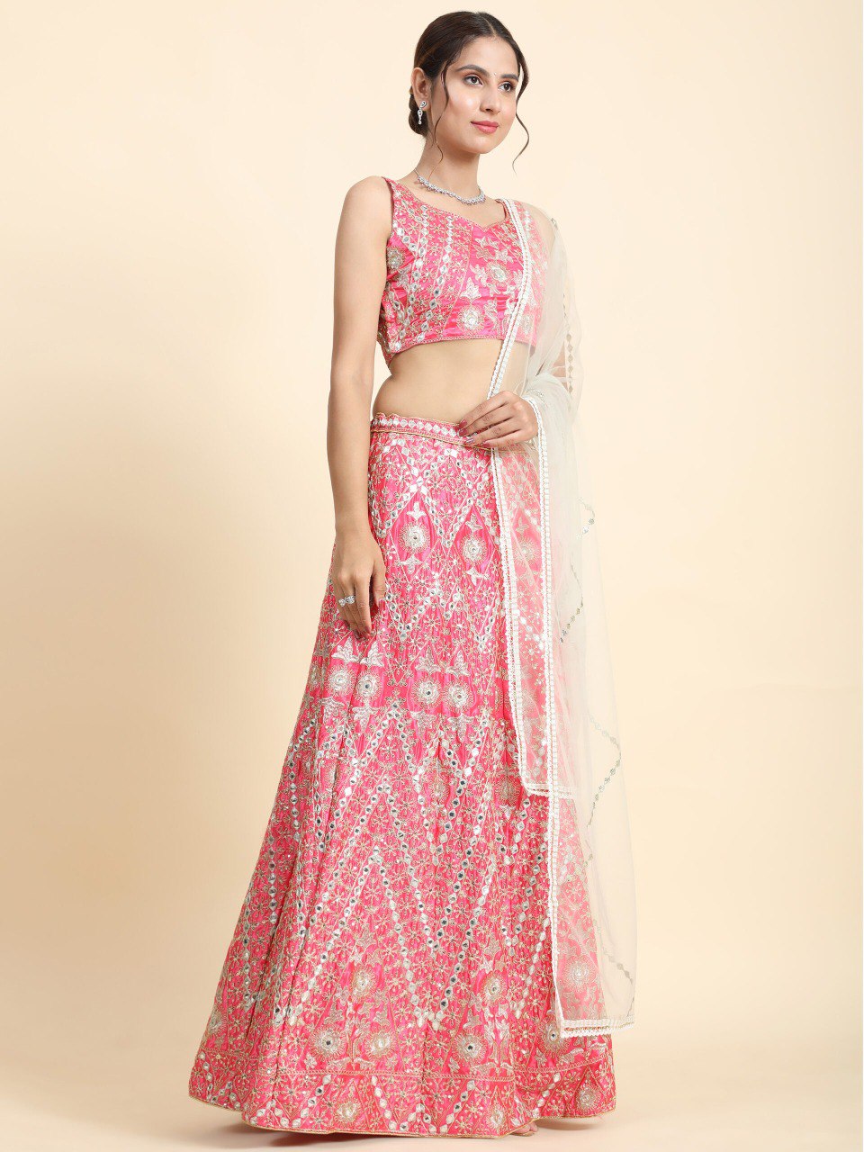 Pink Devsena Silk Lehenga Choli with Sequins and Mirror Work