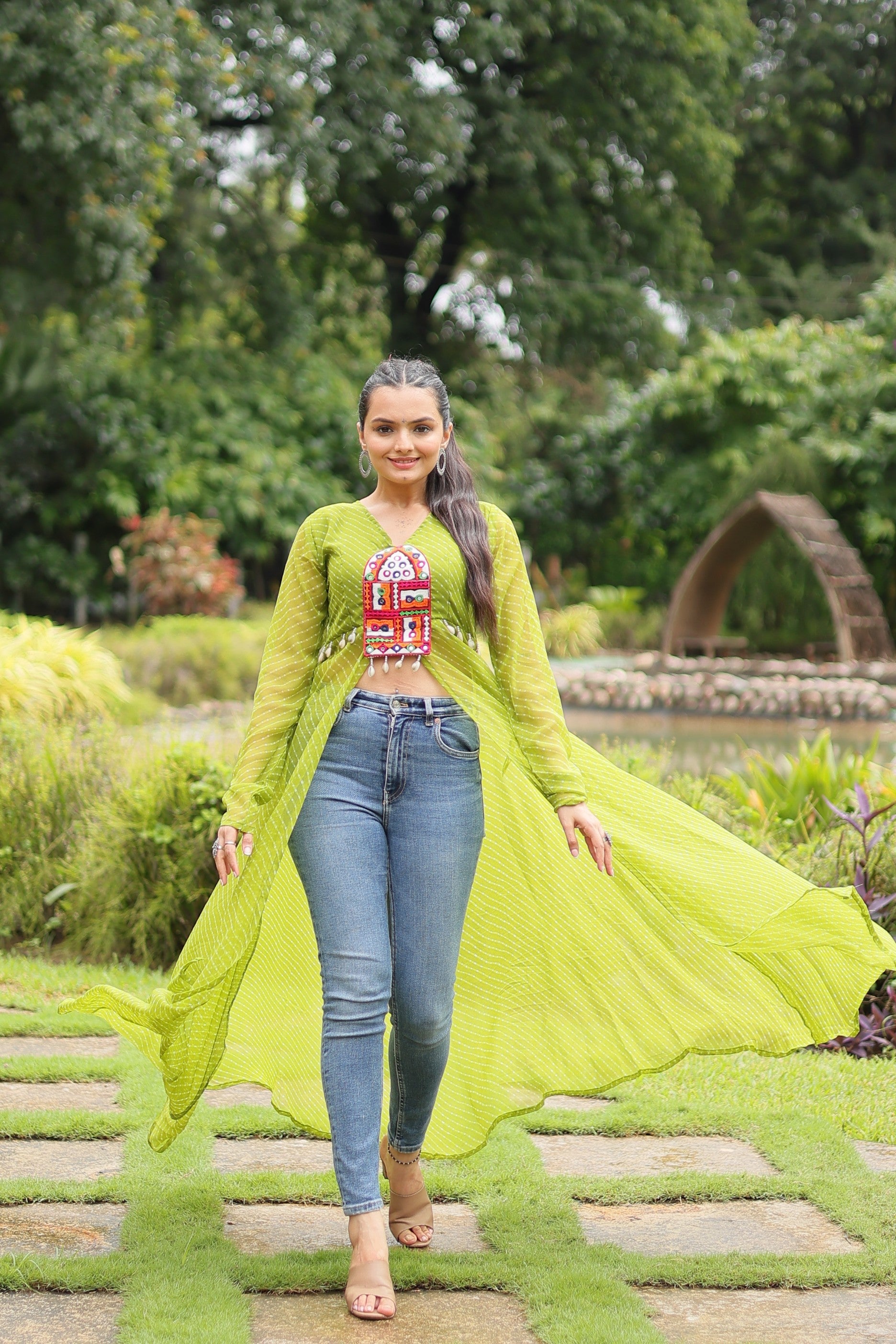 Green Leheriya Print Ethnic Kurta with Kutchi Patchwork