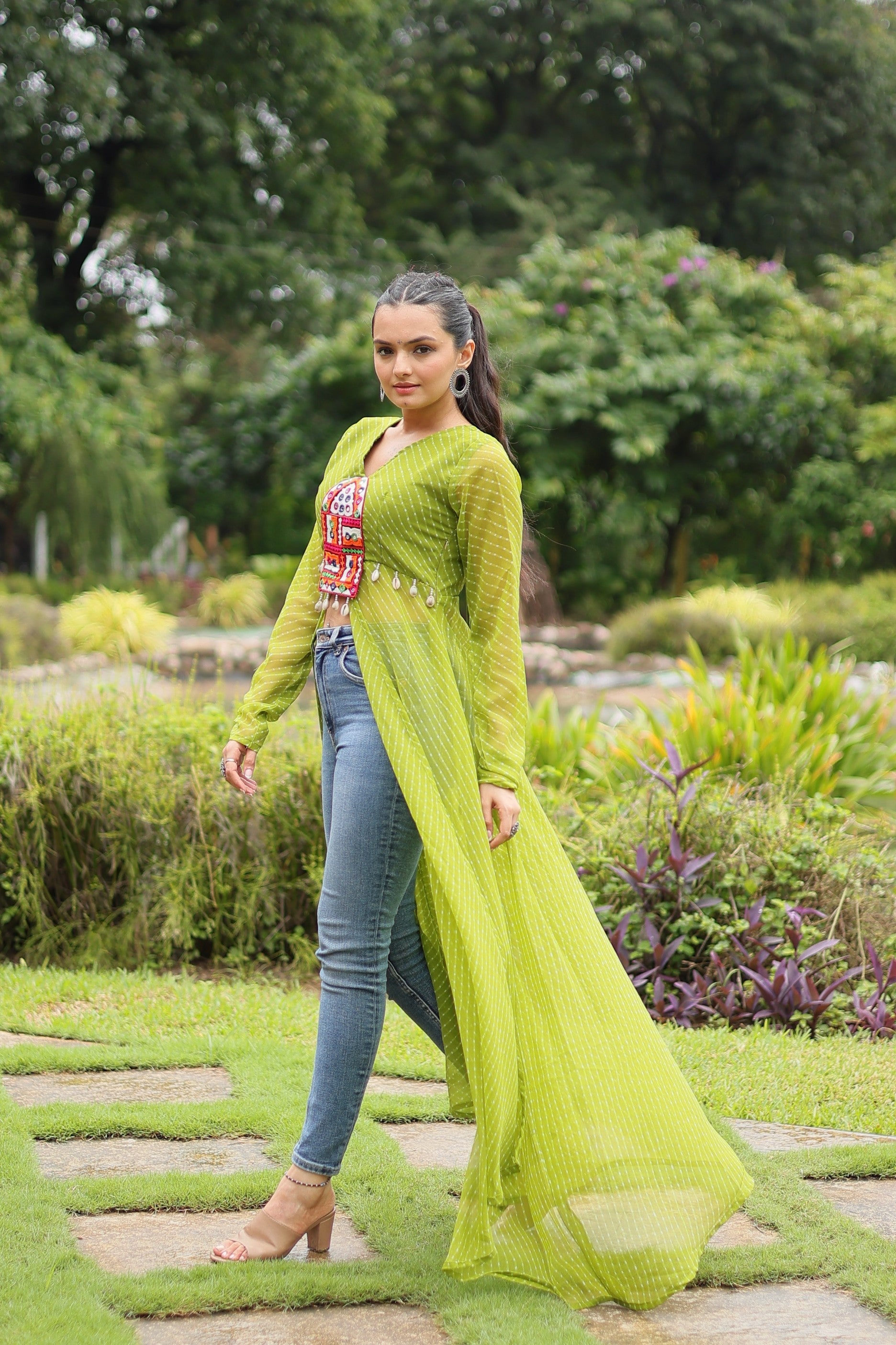 Green Leheriya Print Ethnic Kurta with Kutchi Patchwork