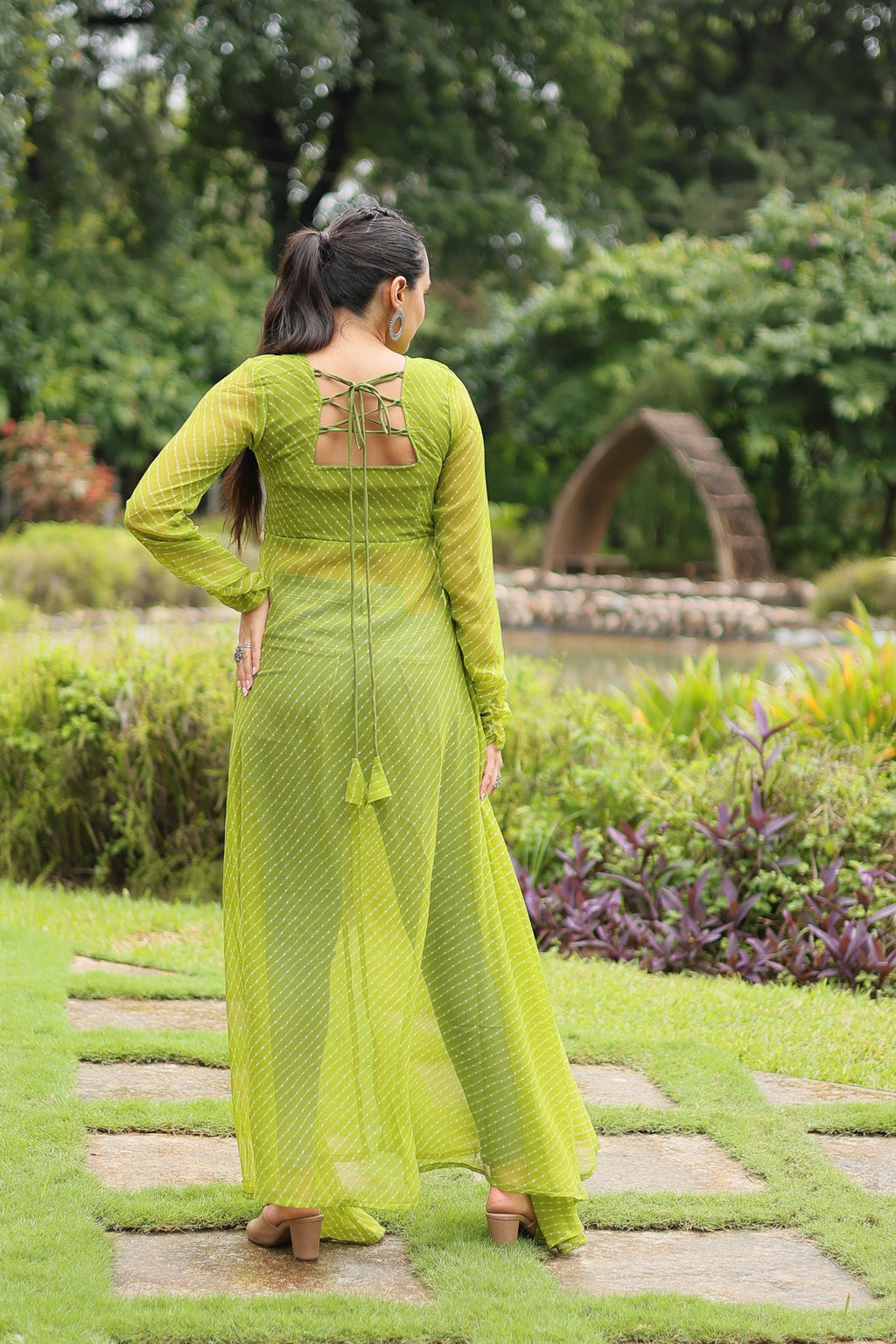 Green Leheriya Print Ethnic Kurta with Kutchi Patchwork