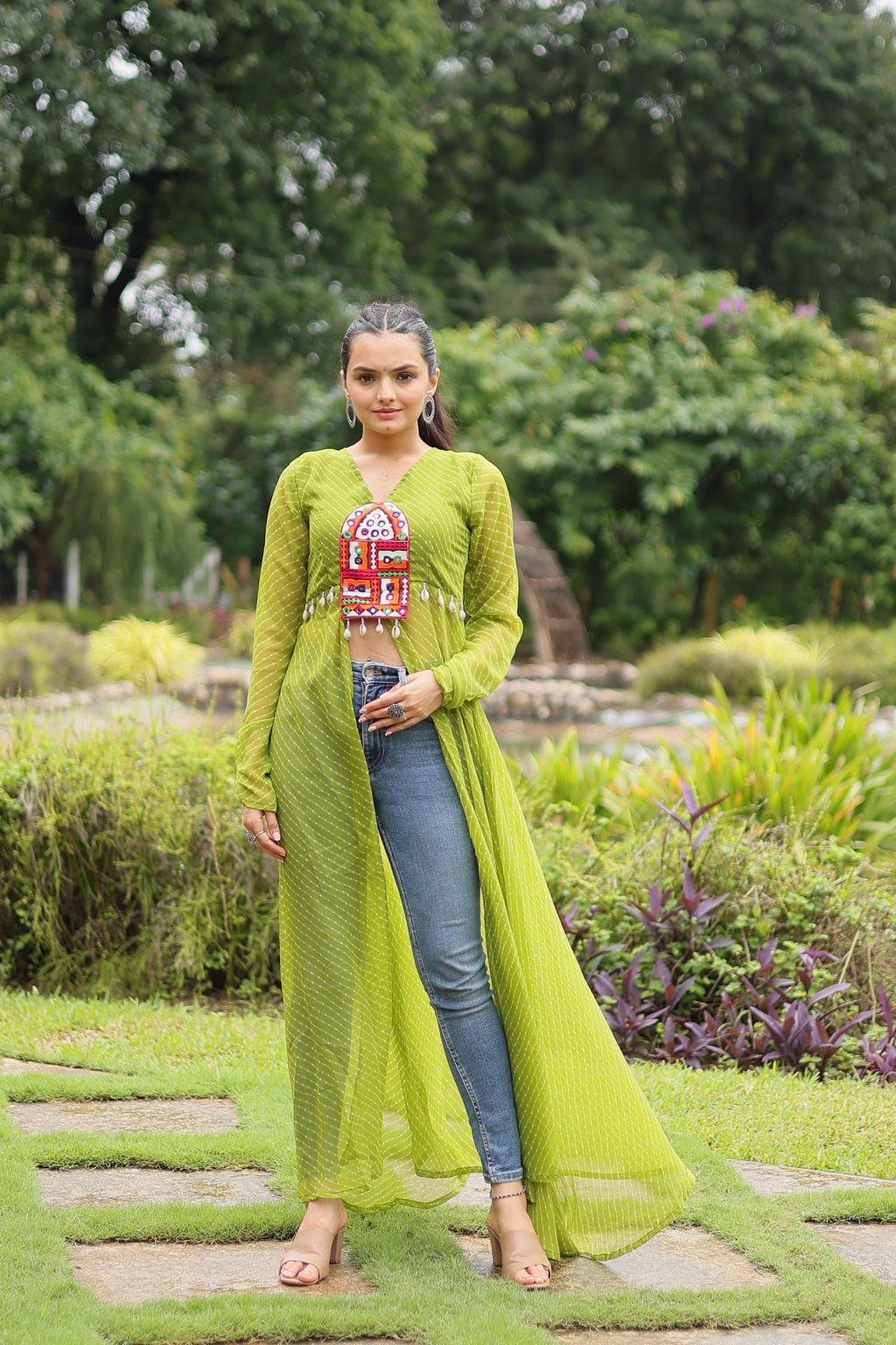 Green Leheriya print floor-length kurta with intricate Kutchi patchwork details