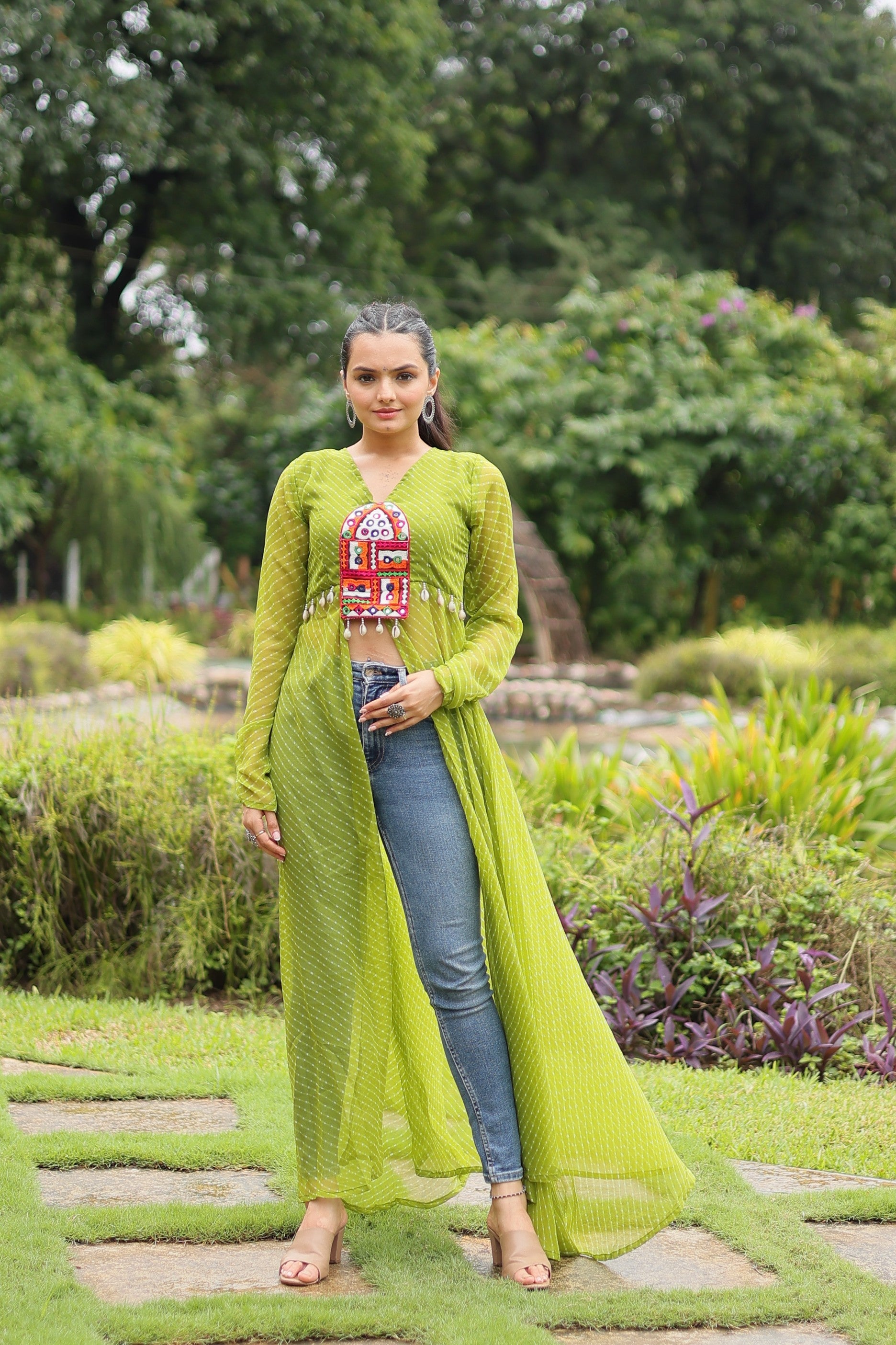 Green Leheriya print floor-length kurta with intricate Kutchi patchwork details