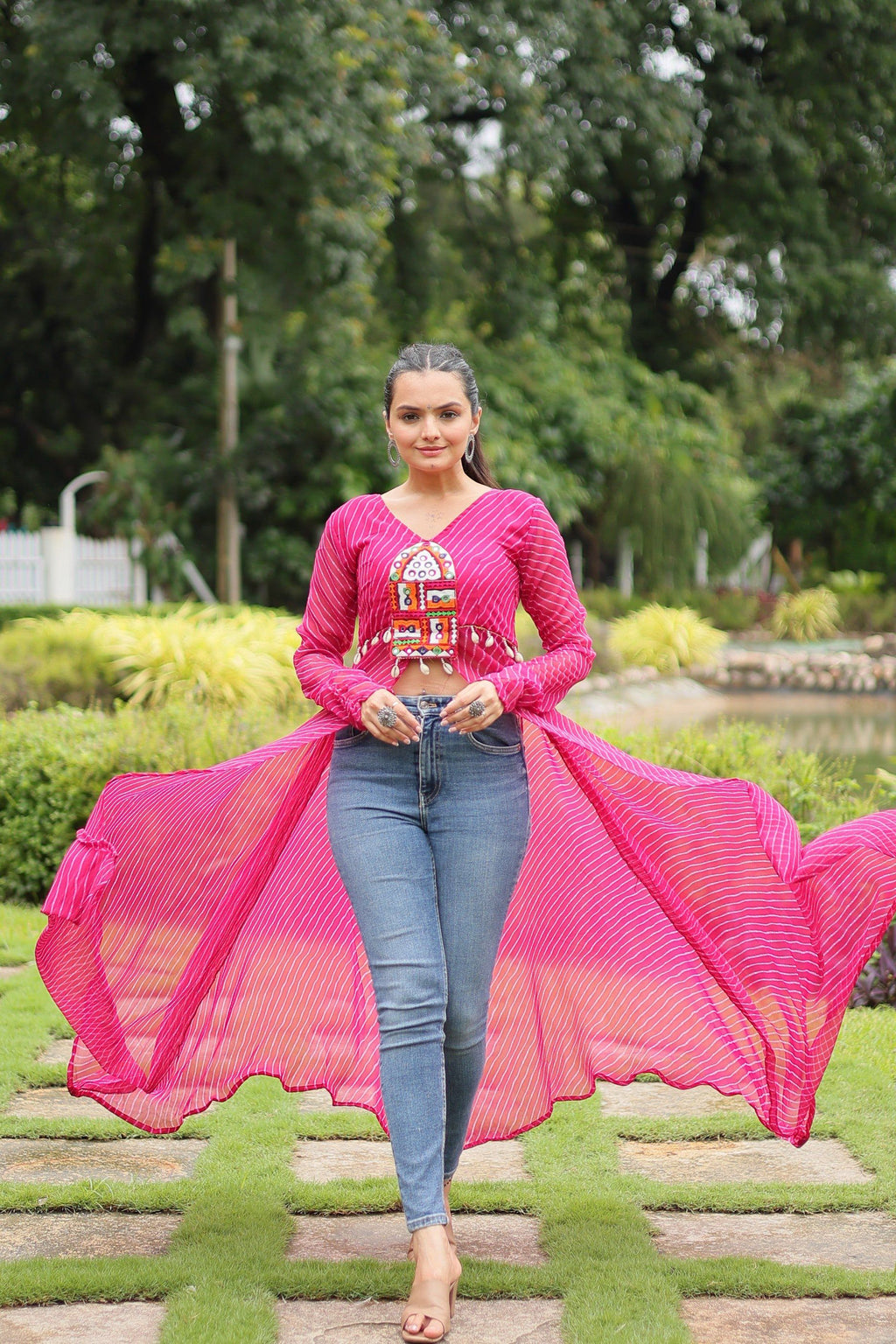 Women's Pink Leheriya Floor Length Kurta with Kutchi Patchwork