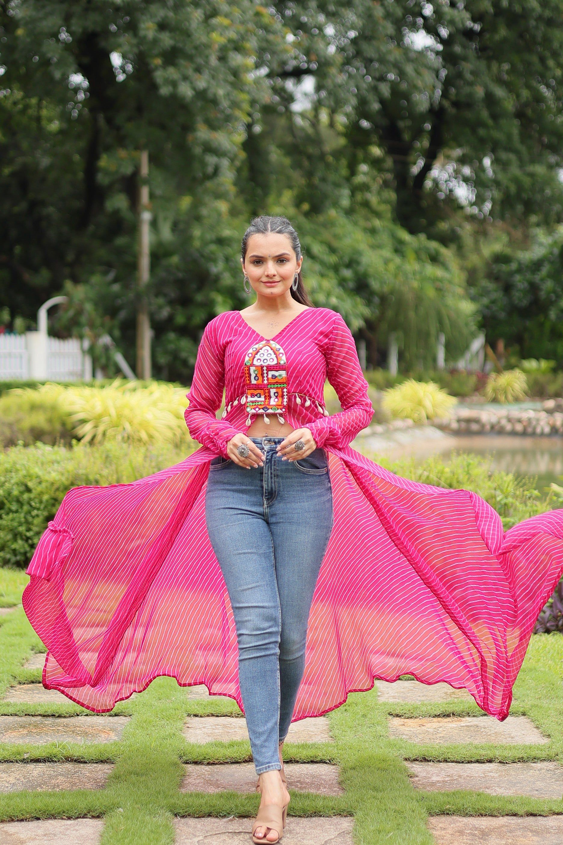 Women's Pink Leheriya Floor Length Kurta with Kutchi Patchwork