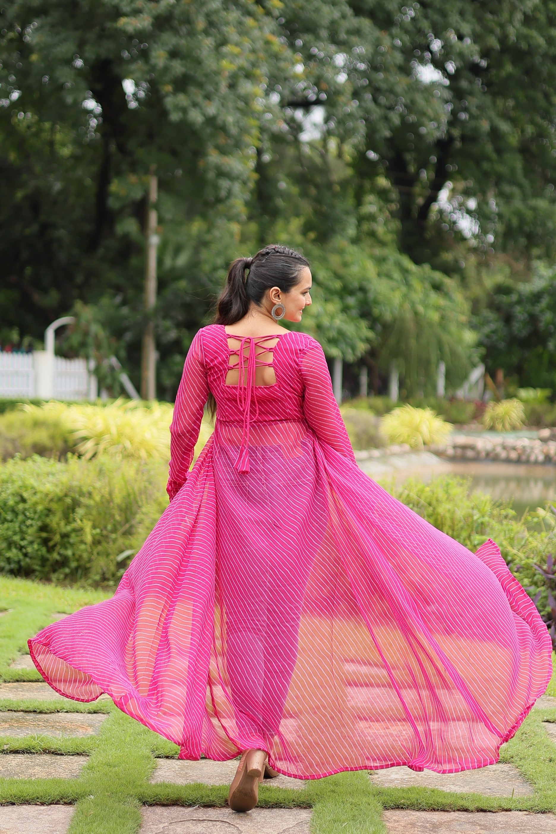 Women's Pink Leheriya Floor Length Kurta with Kutchi Patchwork