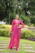Pink Faux Georgette Leheriya print floor-length kurta with Kutchi patchwork detailing