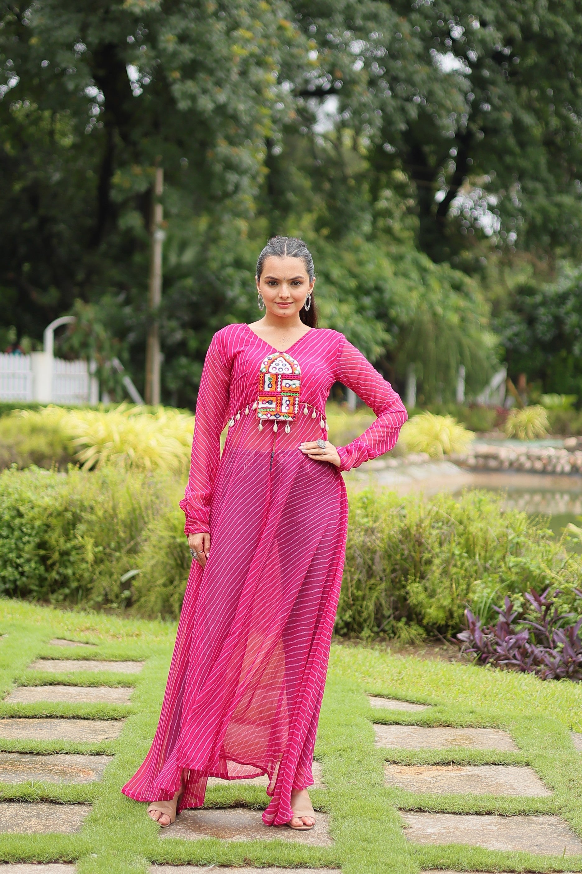 Pink Faux Georgette Leheriya print floor-length kurta with Kutchi patchwork detailing
