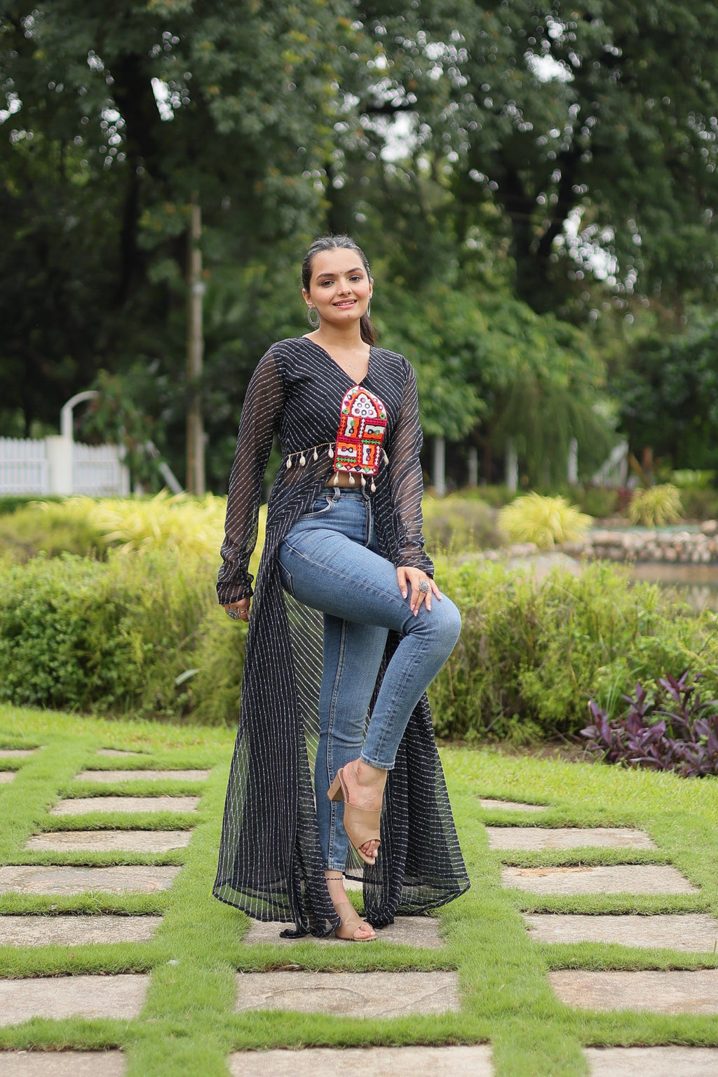 Black Leheriya Print Ethnic Floor Length Kurta with Kutchi Patchwork