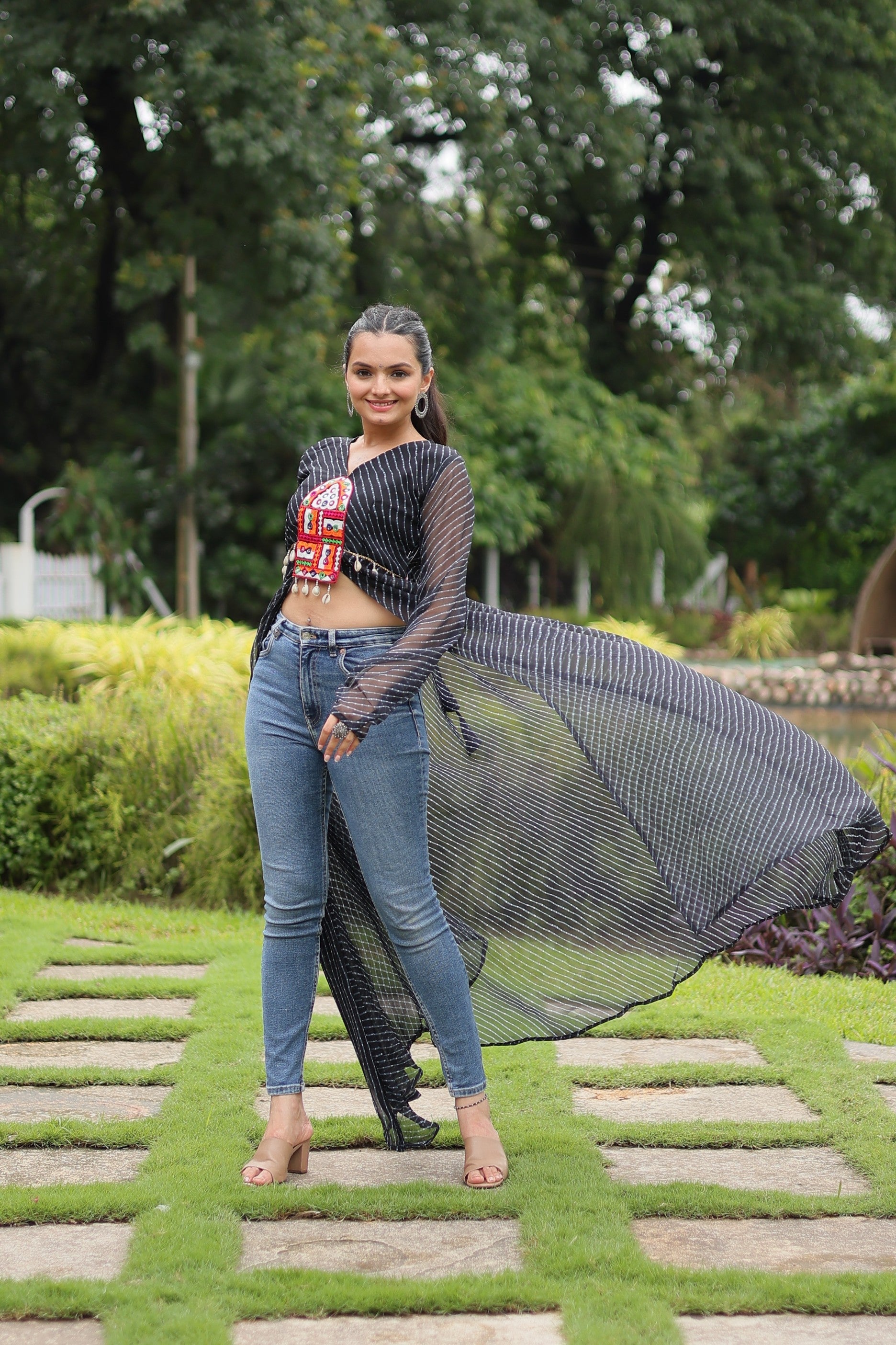 Black Leheriya Print Ethnic Floor Length Kurta with Kutchi Patchwork