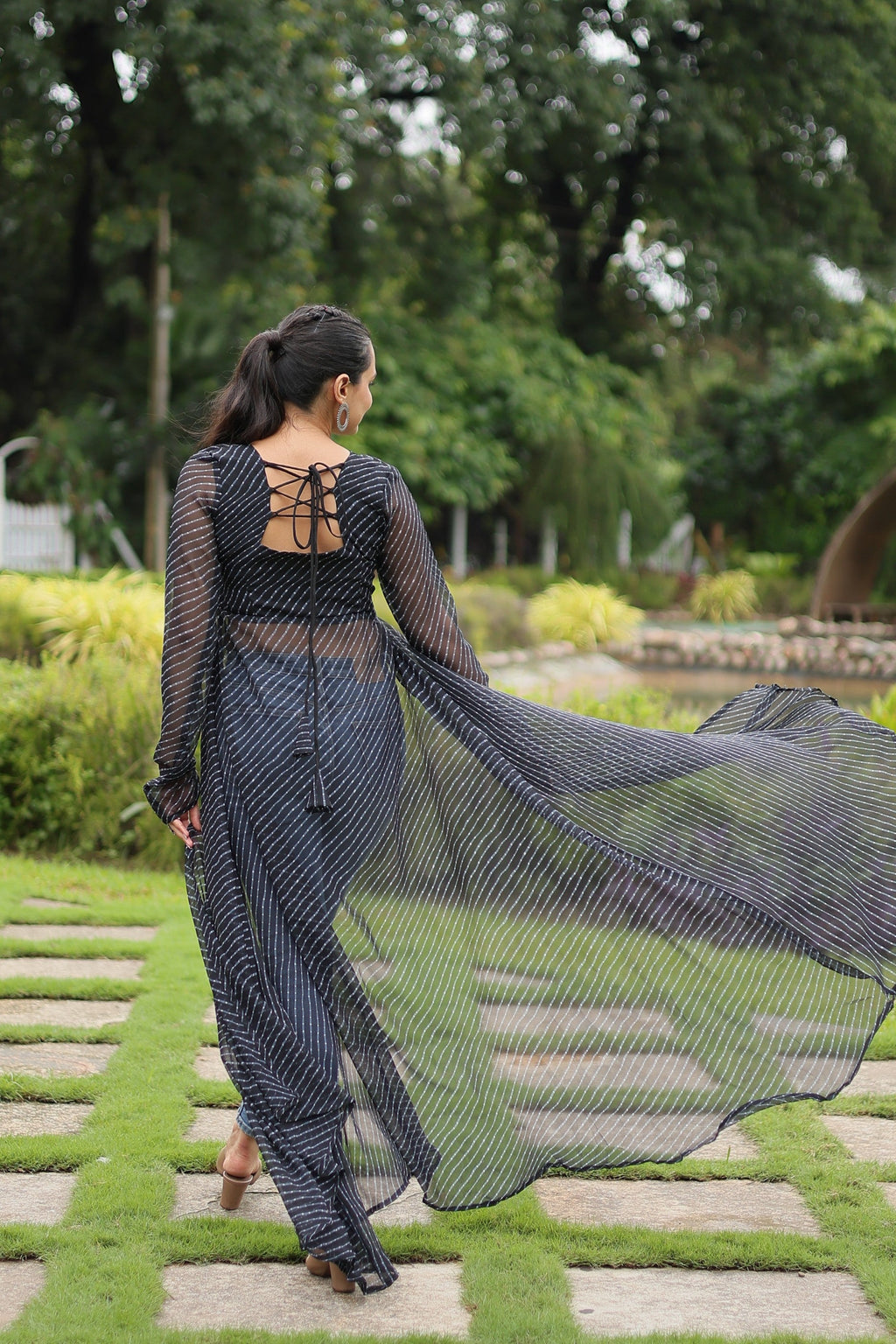 Black Leheriya Print Ethnic Floor Length Kurta with Kutchi Patchwork