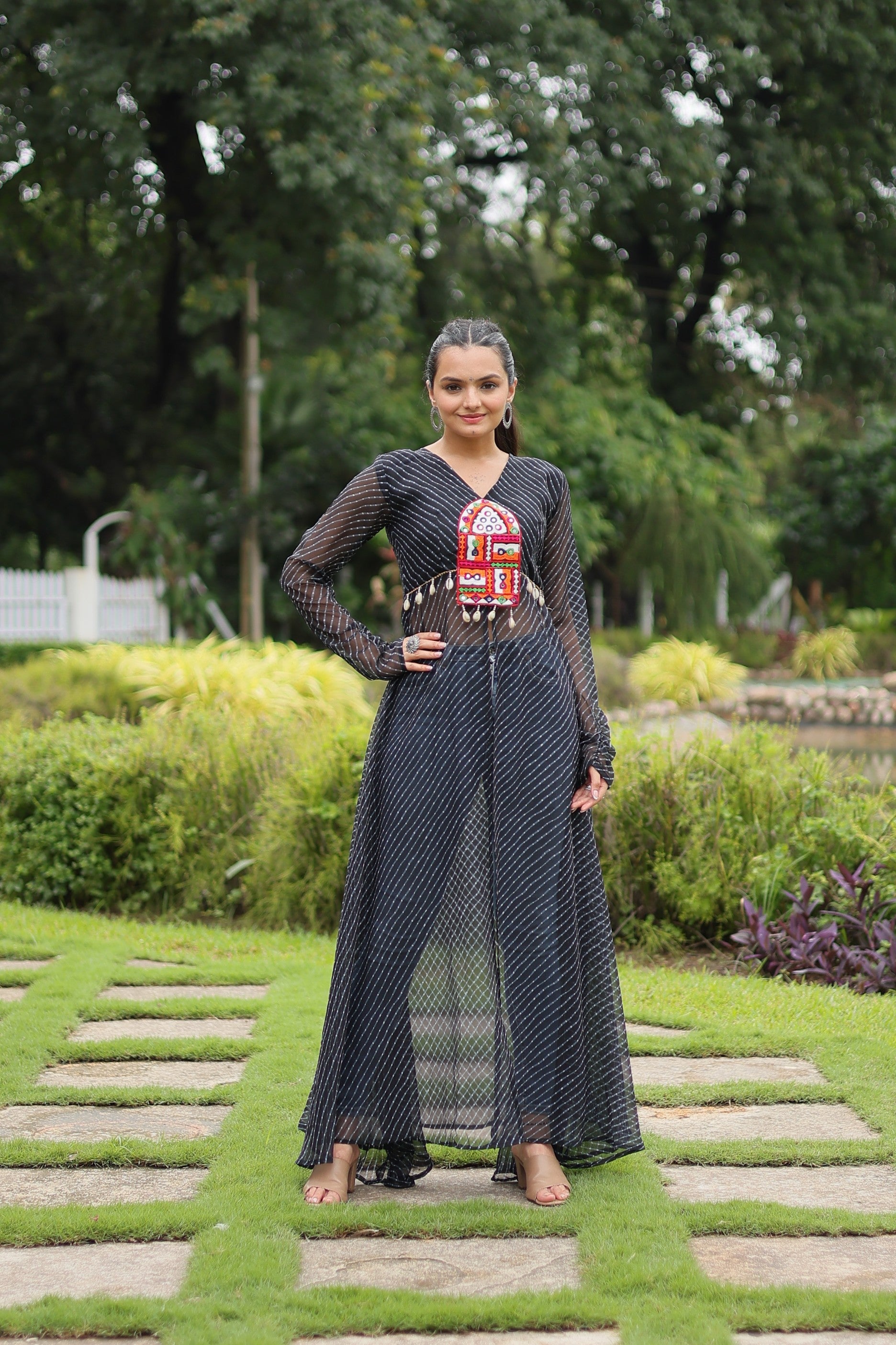 Black floor-length faux georgette kurta with colorful Leheriya print and Kutchi patchwork