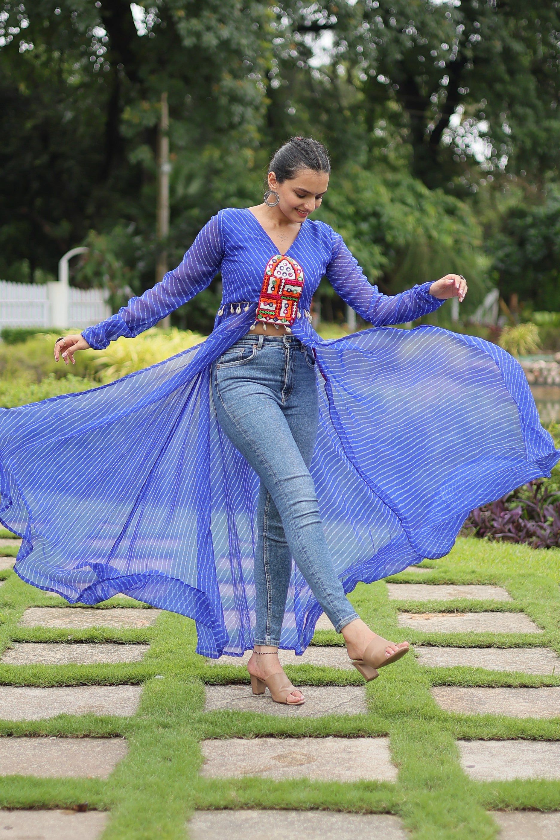 Women's Blue Leheriya Floor Length Kurta with Kutchi Patchwork