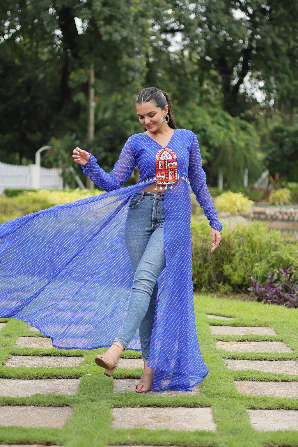Women's Blue Leheriya Floor Length Kurta with Kutchi Patchwork