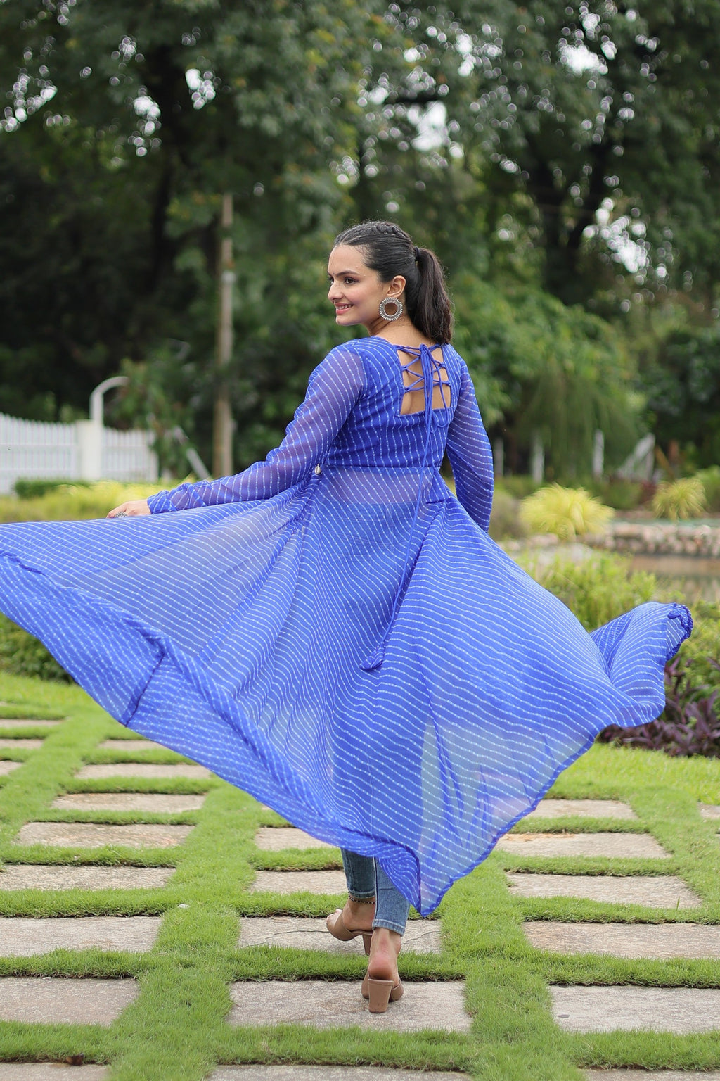 Women's Blue Leheriya Floor Length Kurta with Kutchi Patchwork