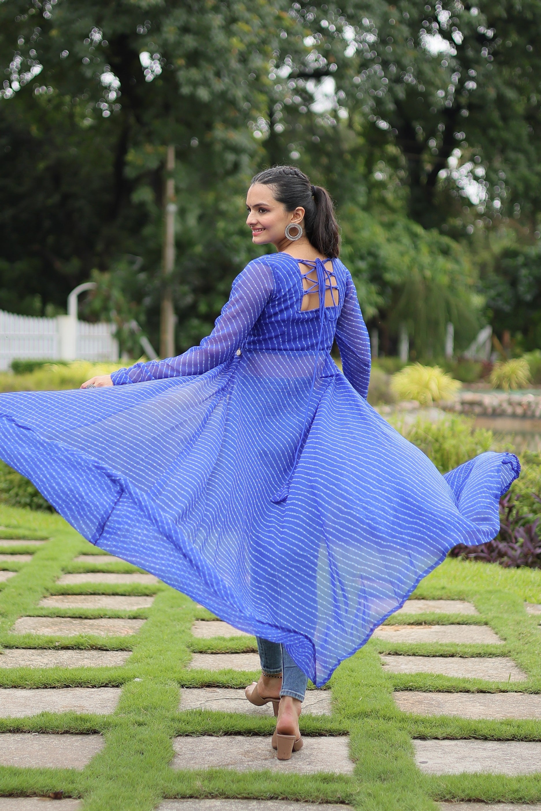Women's Blue Leheriya Floor Length Kurta with Kutchi Patchwork