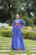 Blue Faux Georgette Leheriya print floor-length kurta with colorful Kutchi patchwork