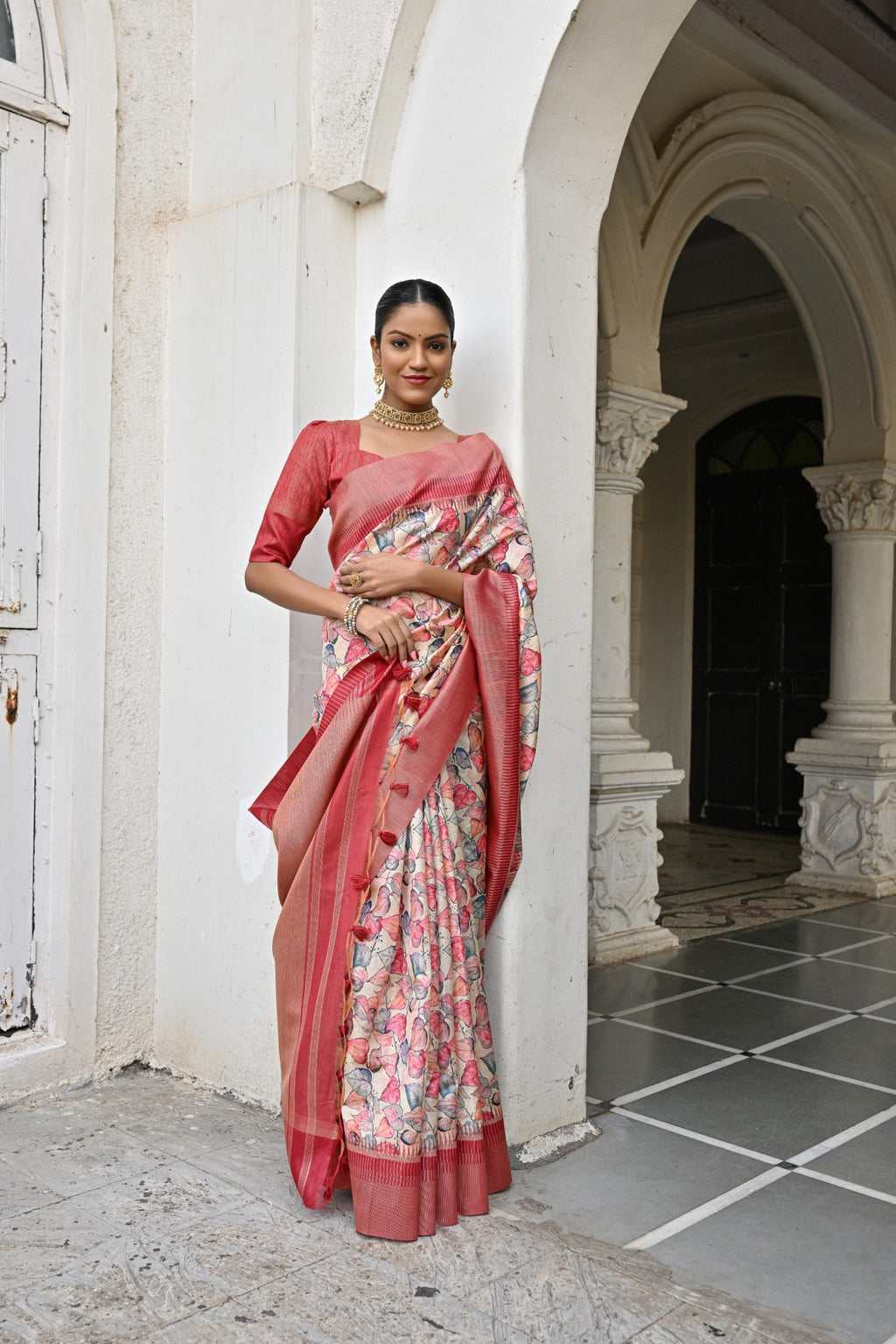 Women's Peach Tussar Silk Saree with Zari Woven Border