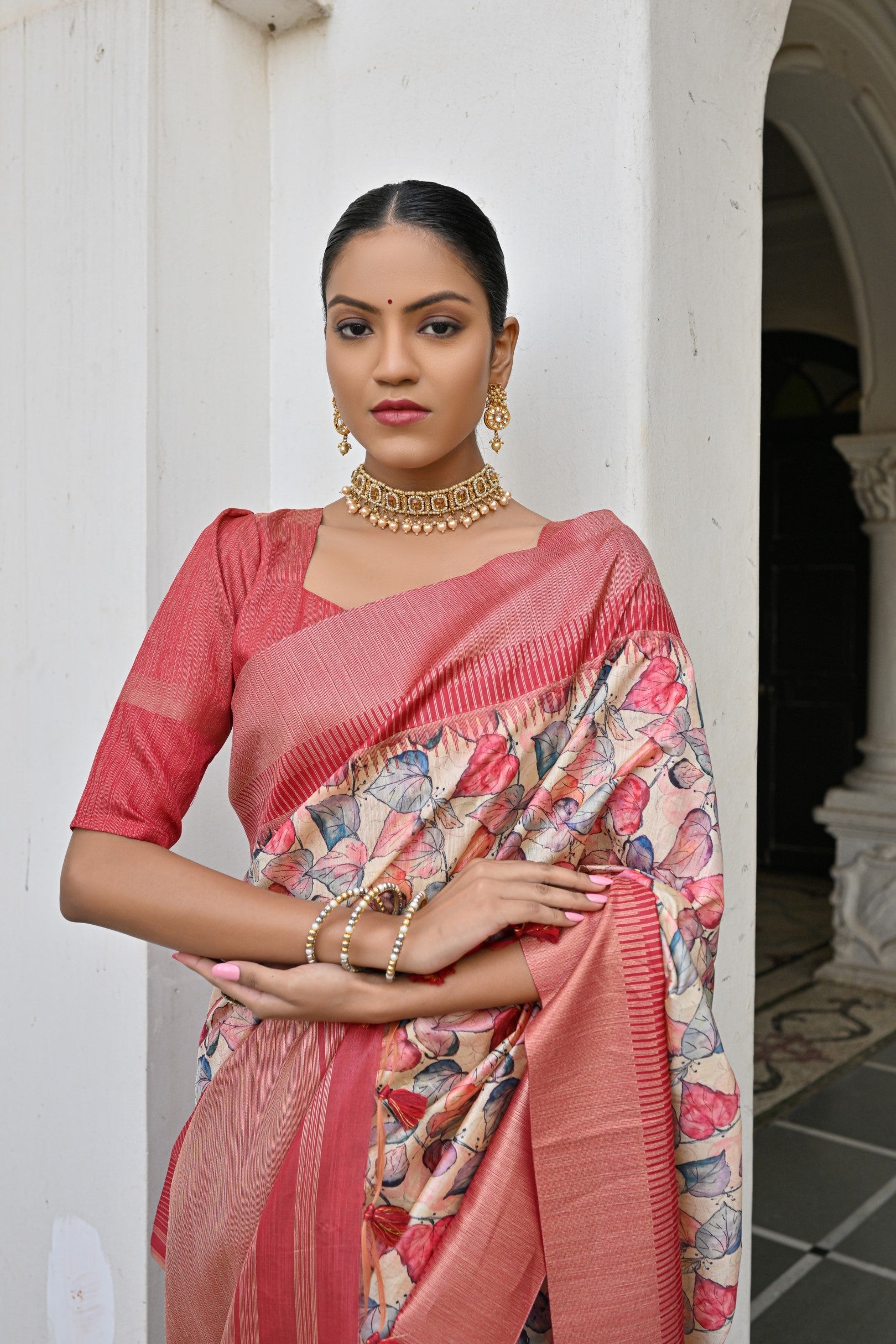 Women's Peach Tussar Silk Saree with Zari Woven Border