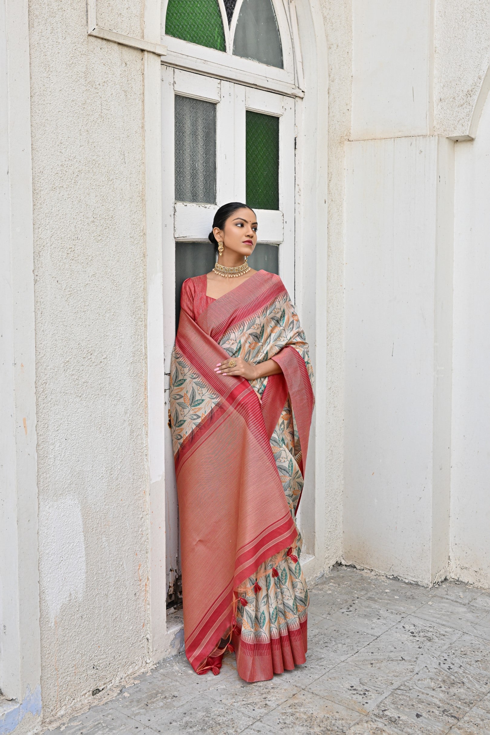 Women's Pista Tussar Silk Zari Woven Traditional Saree with Blouse