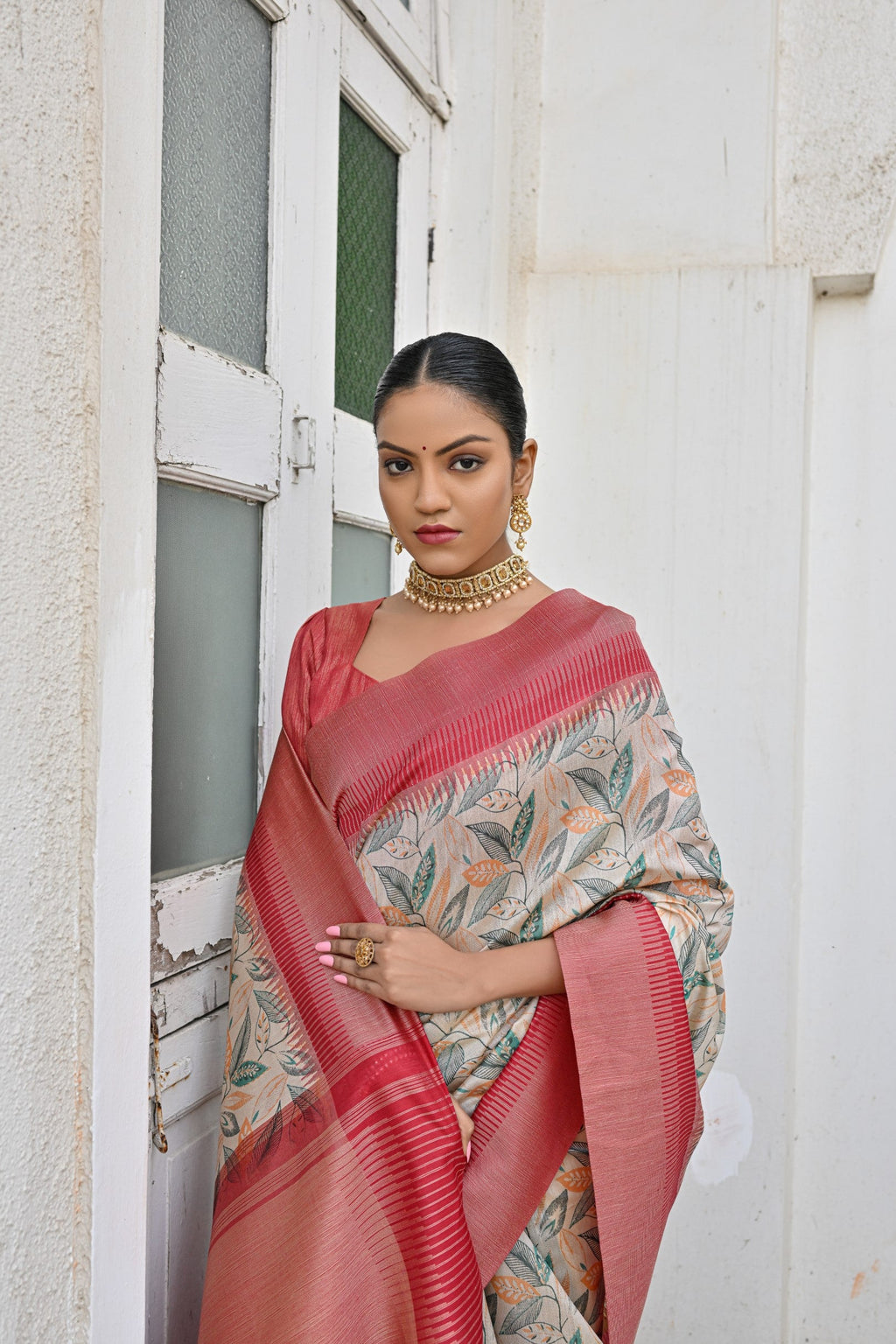 Women's Pista Tussar Silk Zari Woven Traditional Saree with Blouse