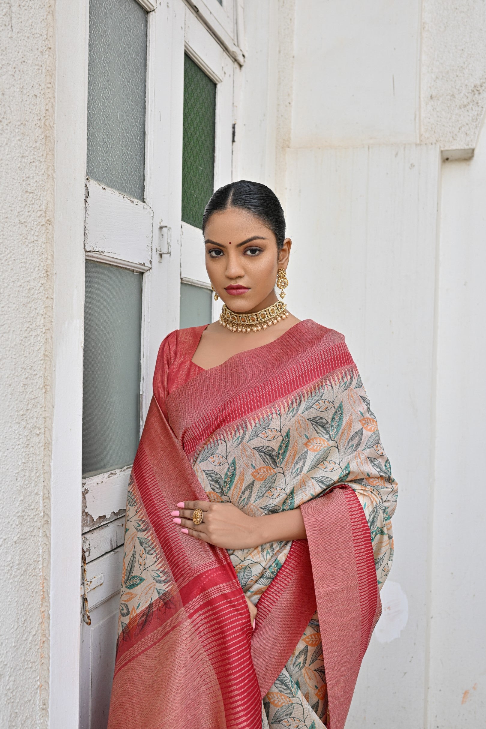 Women's Pista Tussar Silk Zari Woven Traditional Saree with Blouse