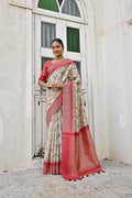 Pista green Tussar silk traditional saree with gold zari weaving and coral blouse piece
