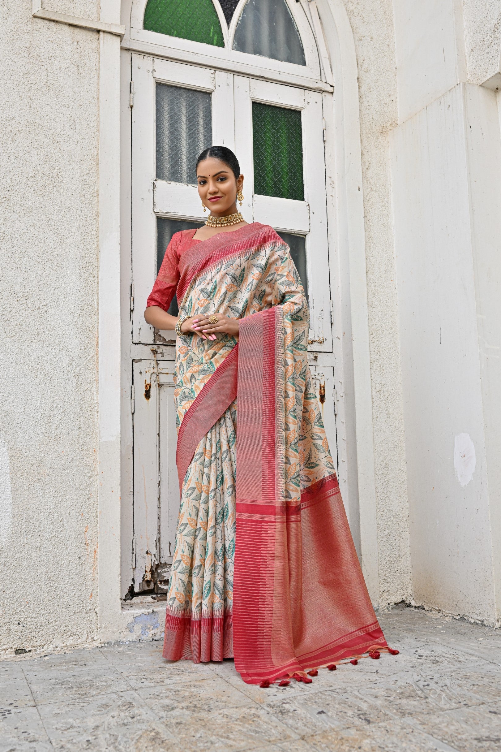 Pista green Tussar silk traditional saree with gold zari weaving and coral blouse piece
