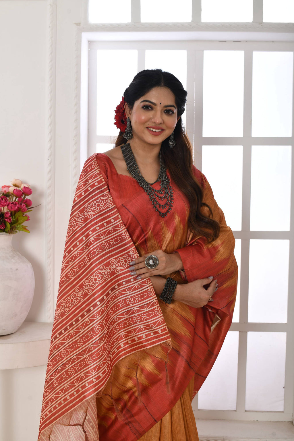 Mustard Soft Tussar Silk Saree with Printed Temple Border & Blouse