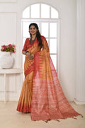 Mustard soft tussar silk saree with printed temple border and matching blouse