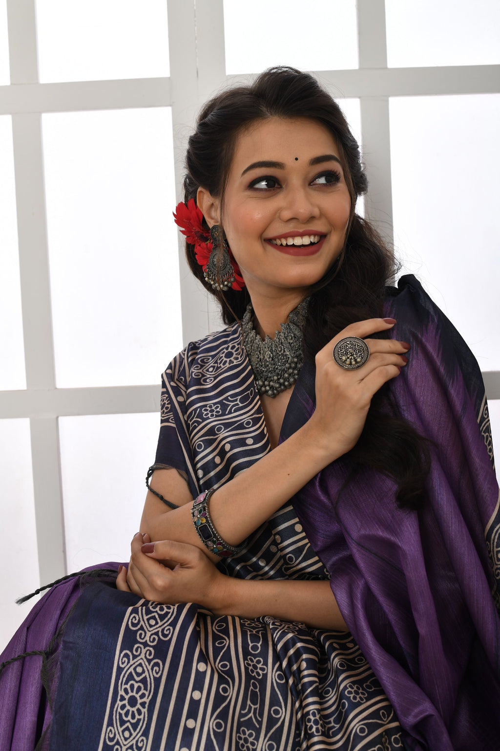 Green soft tussar silk saree with printed temple border and matching blouse