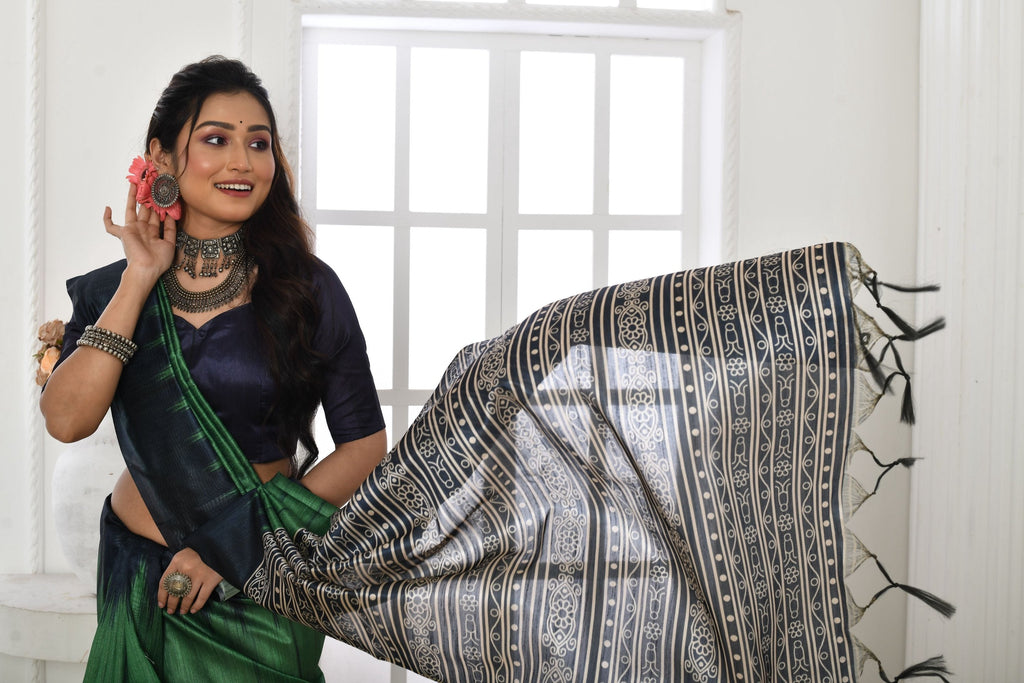Women's Green Soft Tussar Silk Saree with Temple Border