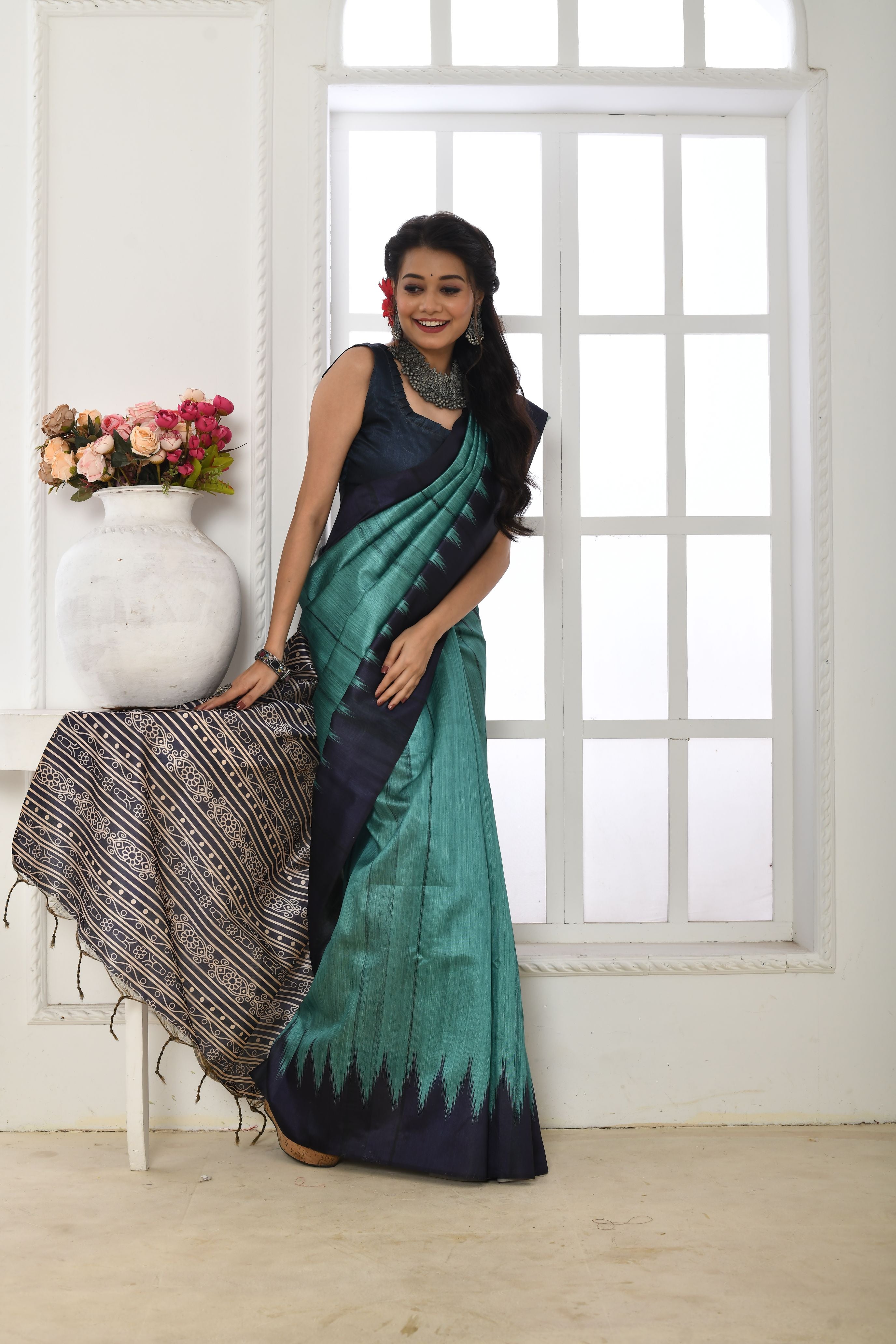 Firozi Soft Tussar Silk Saree with Traditional Temple Border