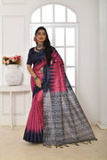 Pink Soft Tussar Silk Saree featuring a traditional printed temple border and matching blouse.