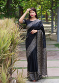 Black Handloom Raw Silk Saree with Printed Border Detail