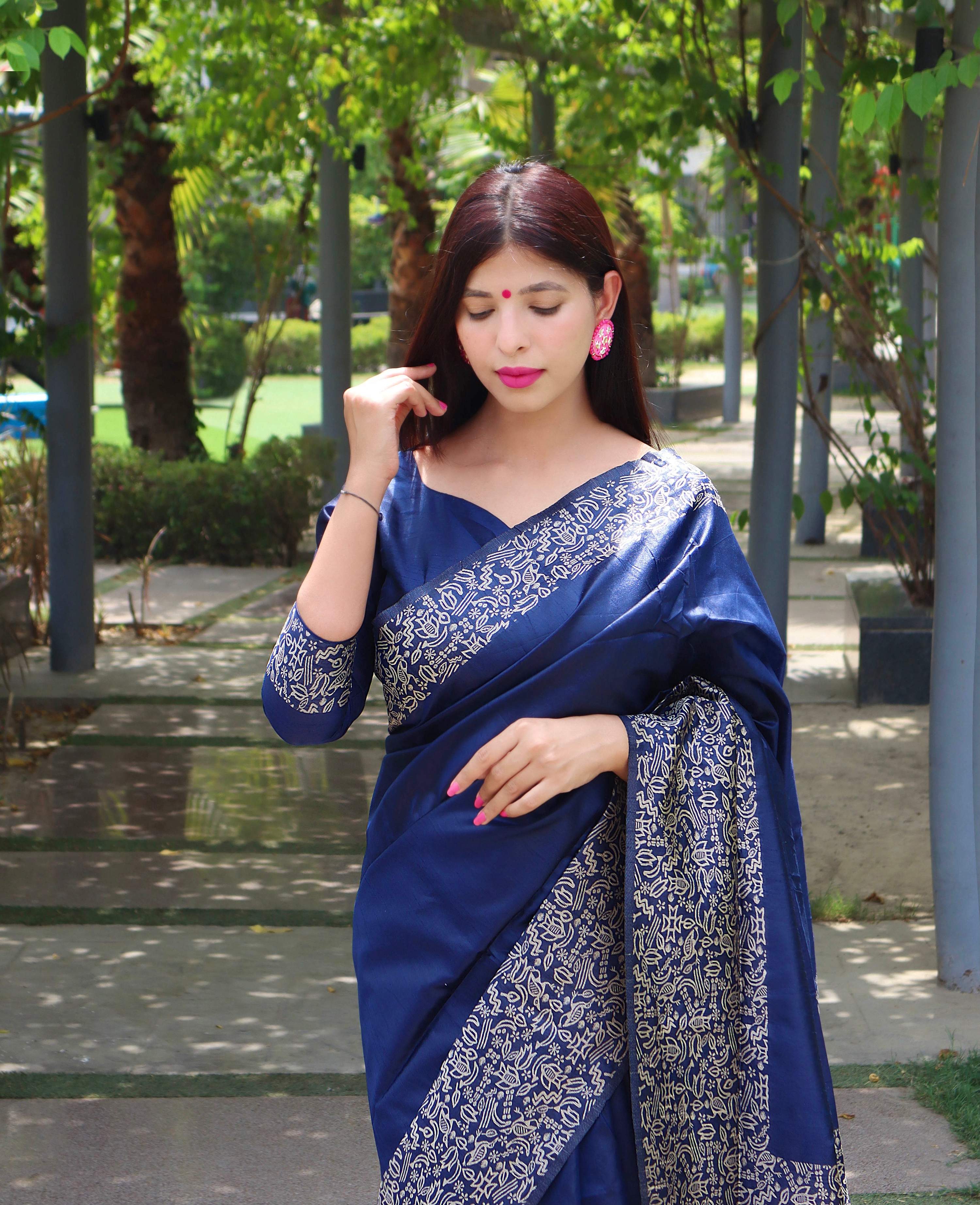 Blue Handloom Raw Silk Saree with Printed Border and Blouse Piece