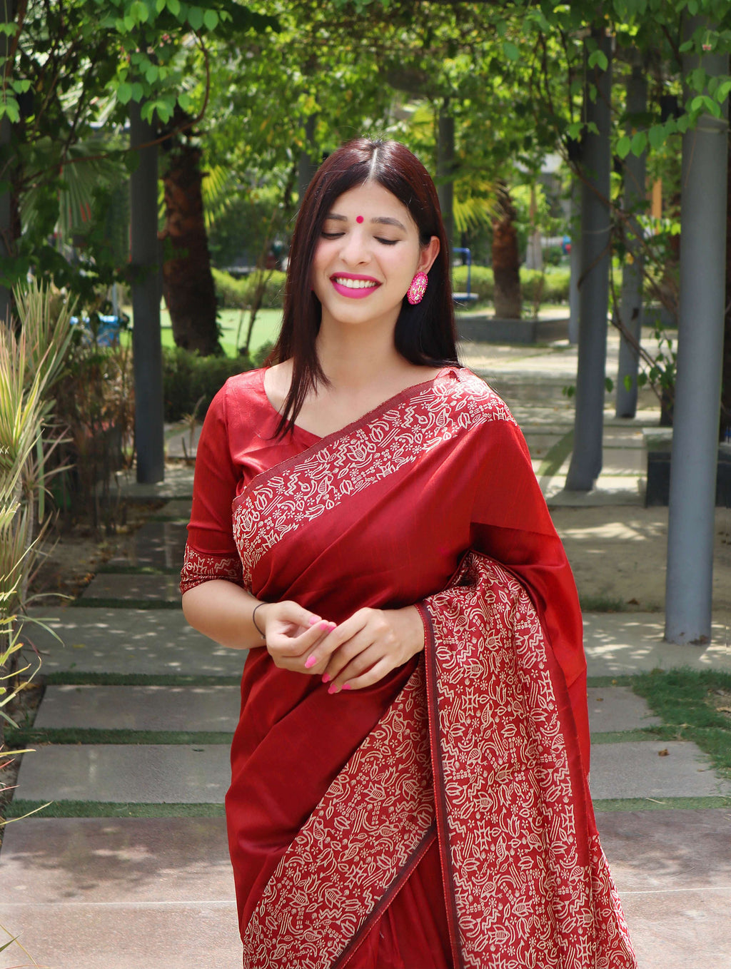 Red Handloom Raw Silk Saree with Printed Border and Matching Blouse