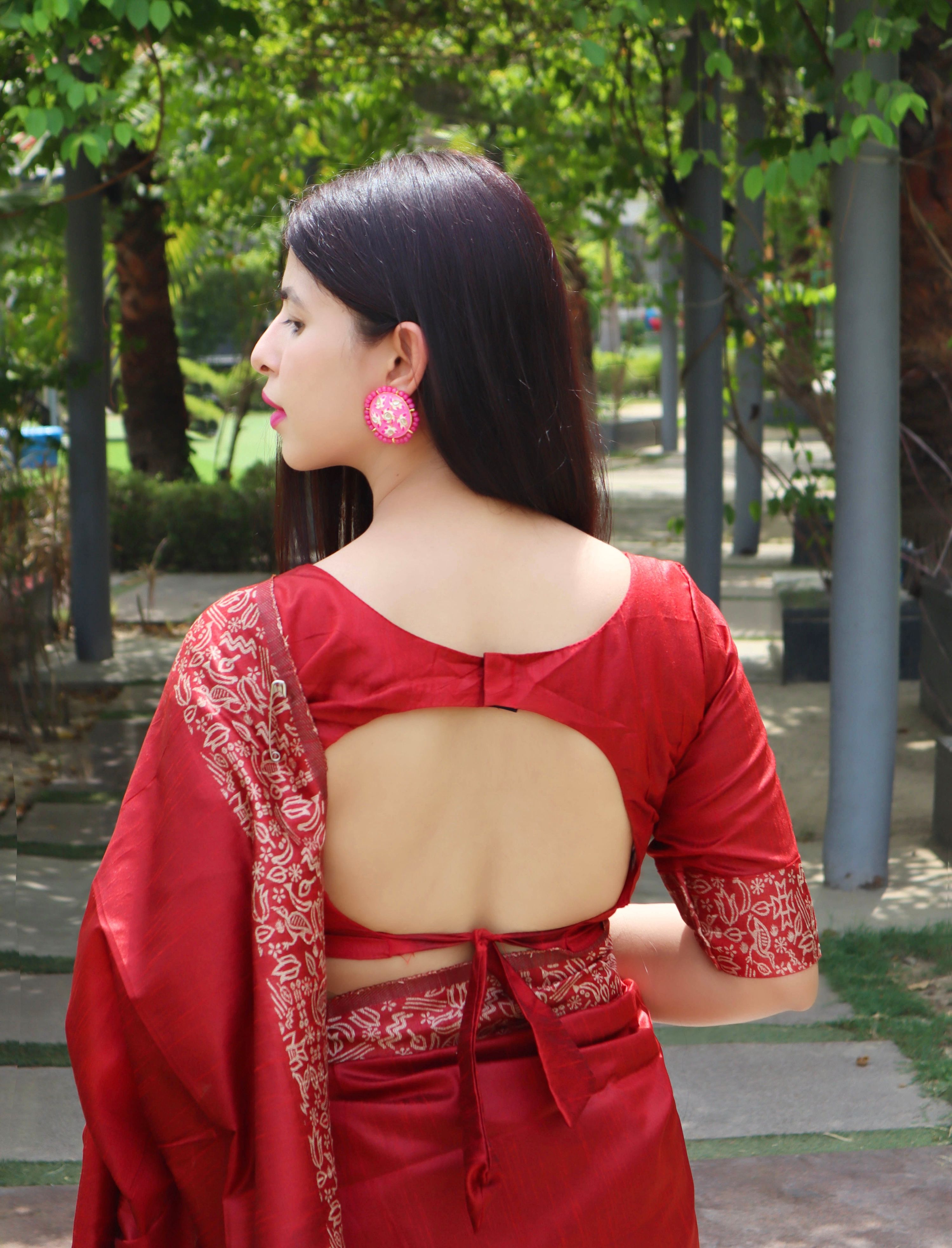 Red Handloom Raw Silk Saree with Printed Border and Matching Blouse