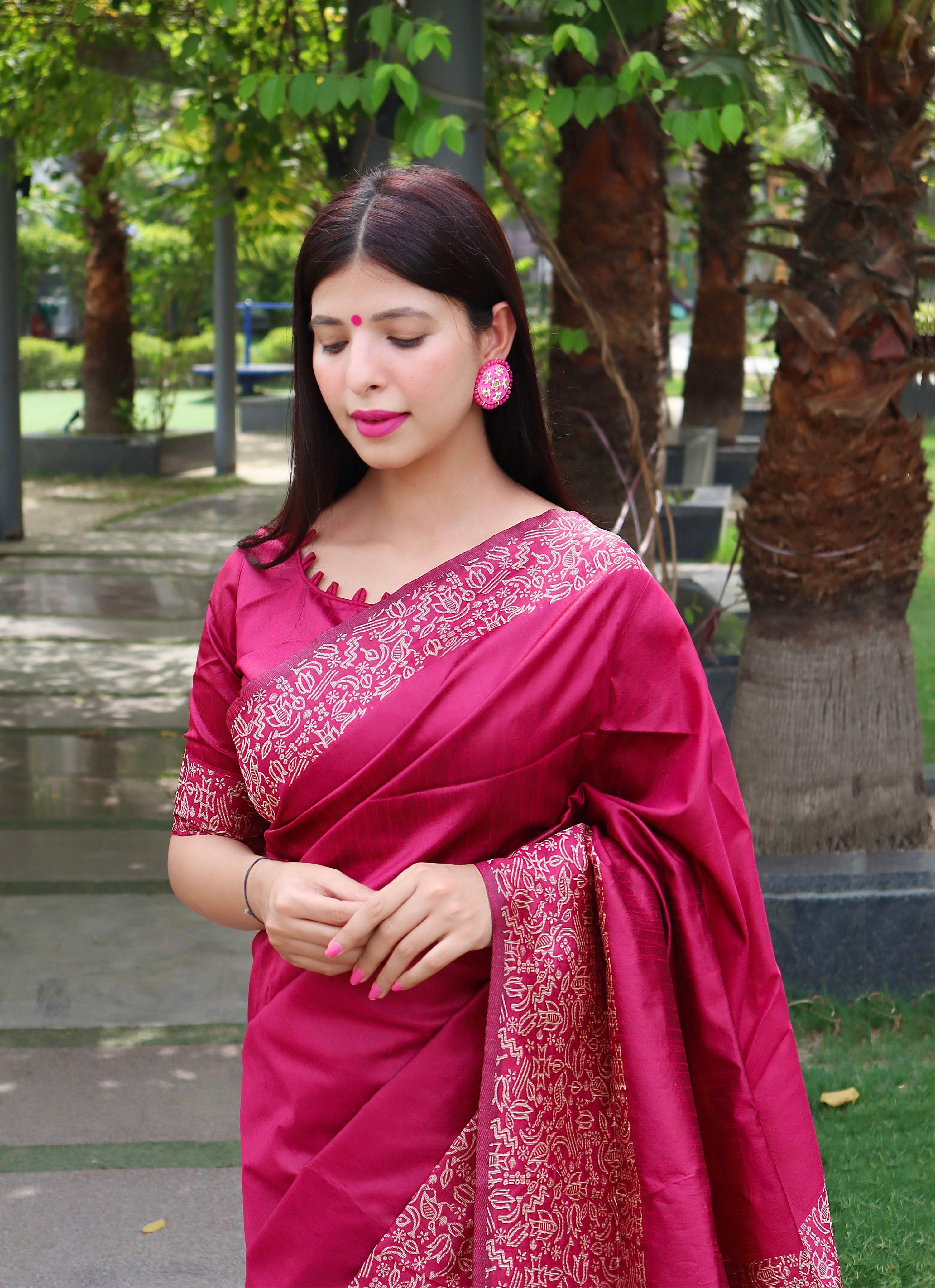 Women's Pink Handloom Raw Silk Saree with Printed Border & Blouse