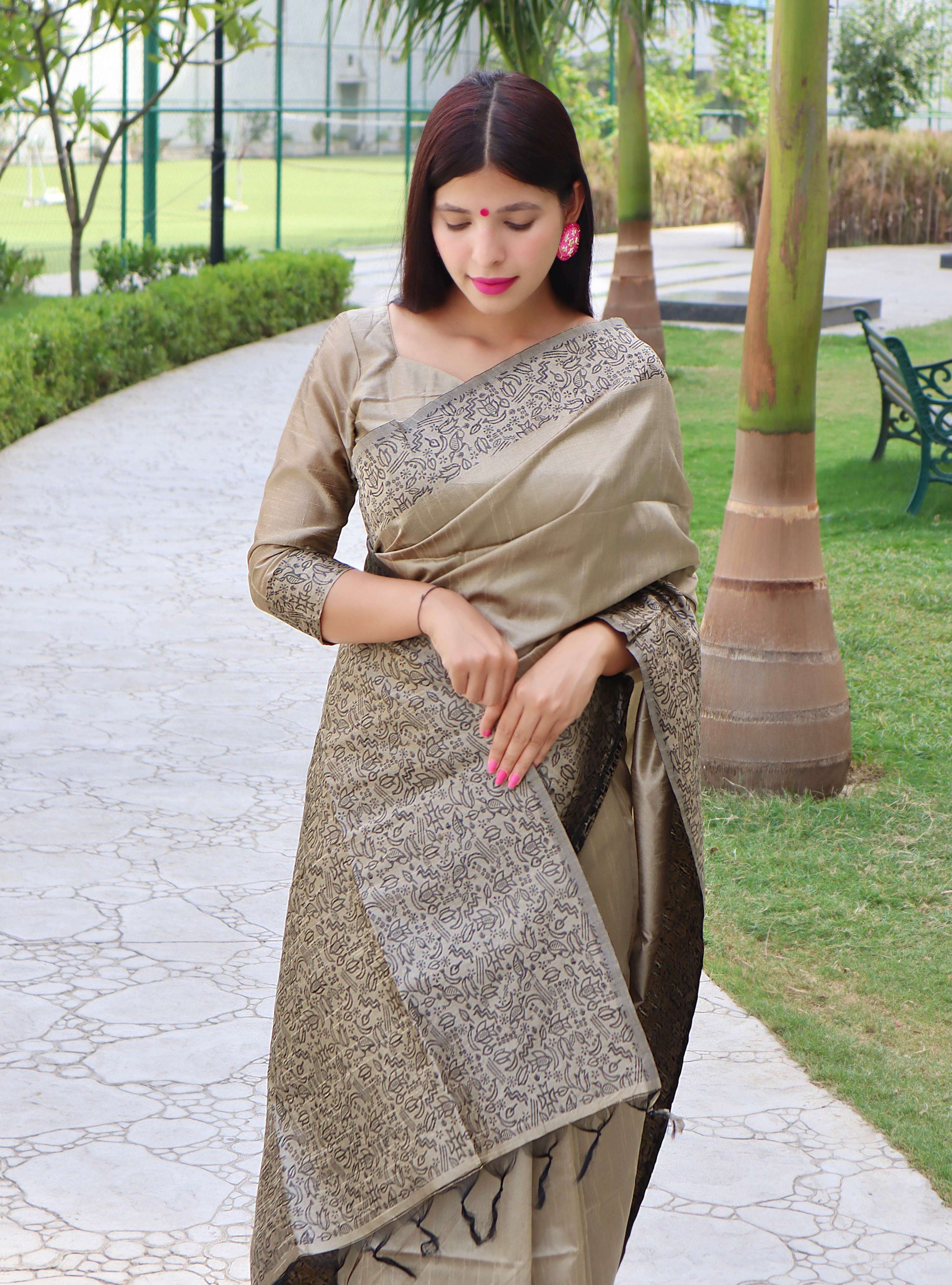 Cream Handloom Raw Silk Saree with Printed Border Detail