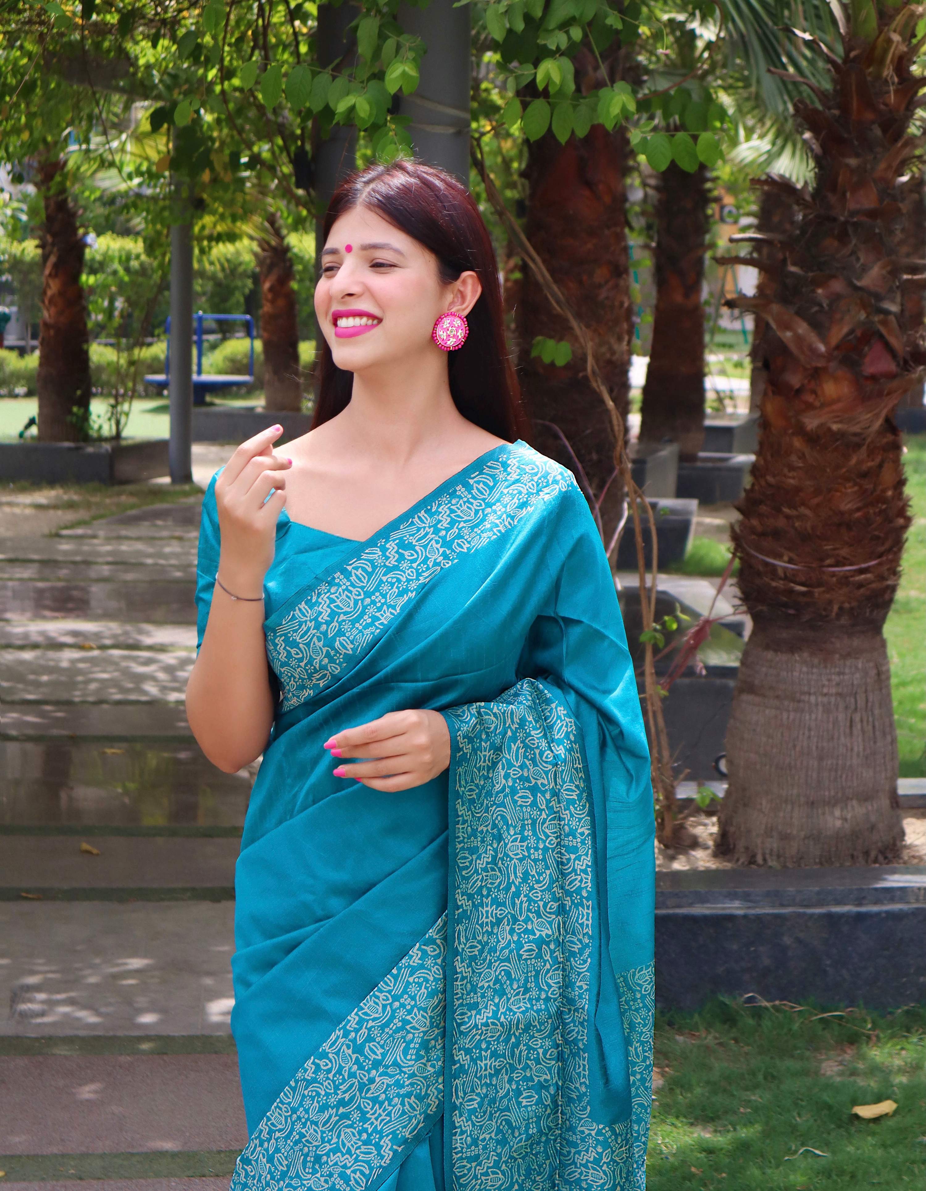 Firozi Handloom Raw Silk Saree with Printed Border Detail