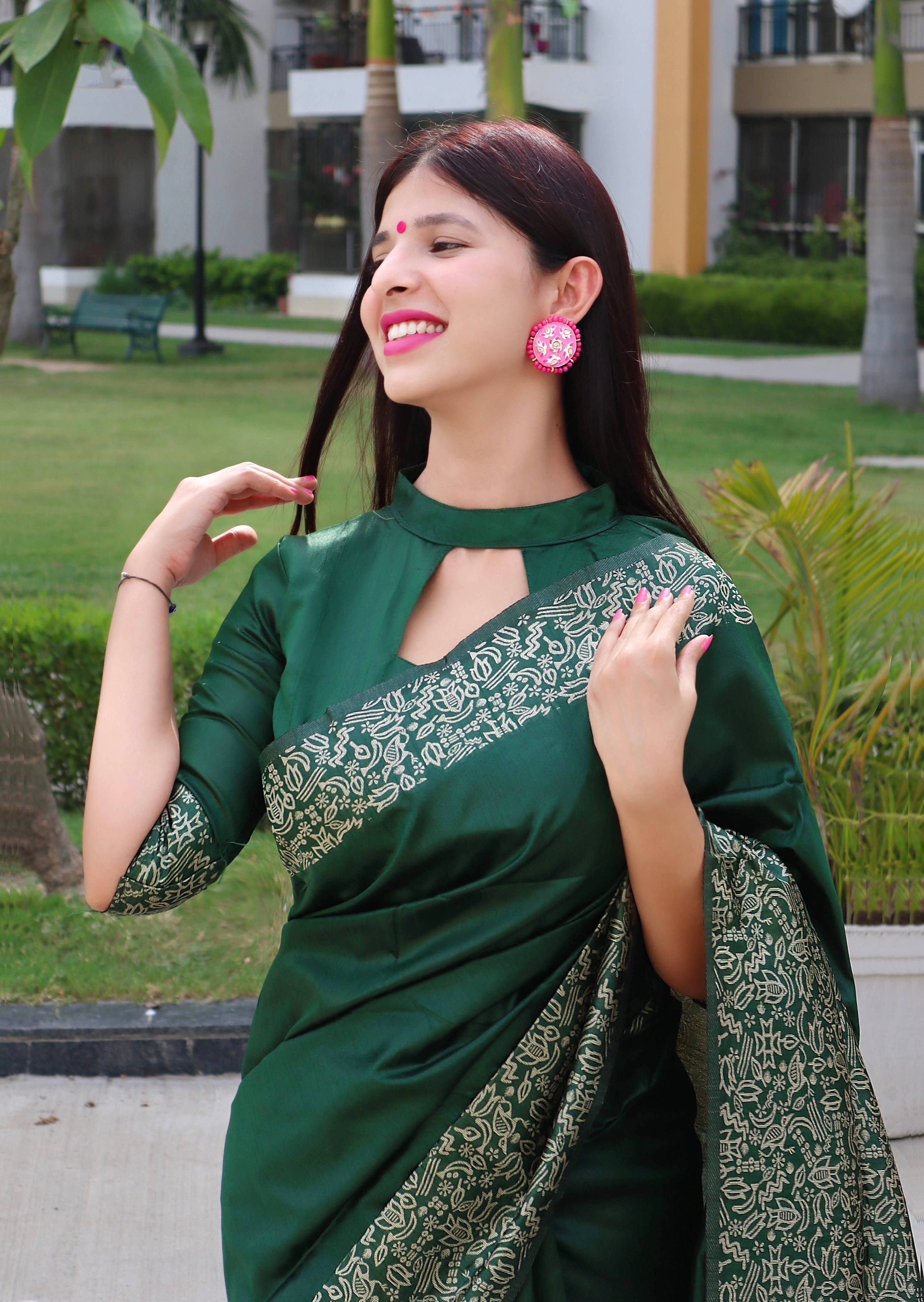 Women's Green Handloom Raw Silk Saree with Printed Border