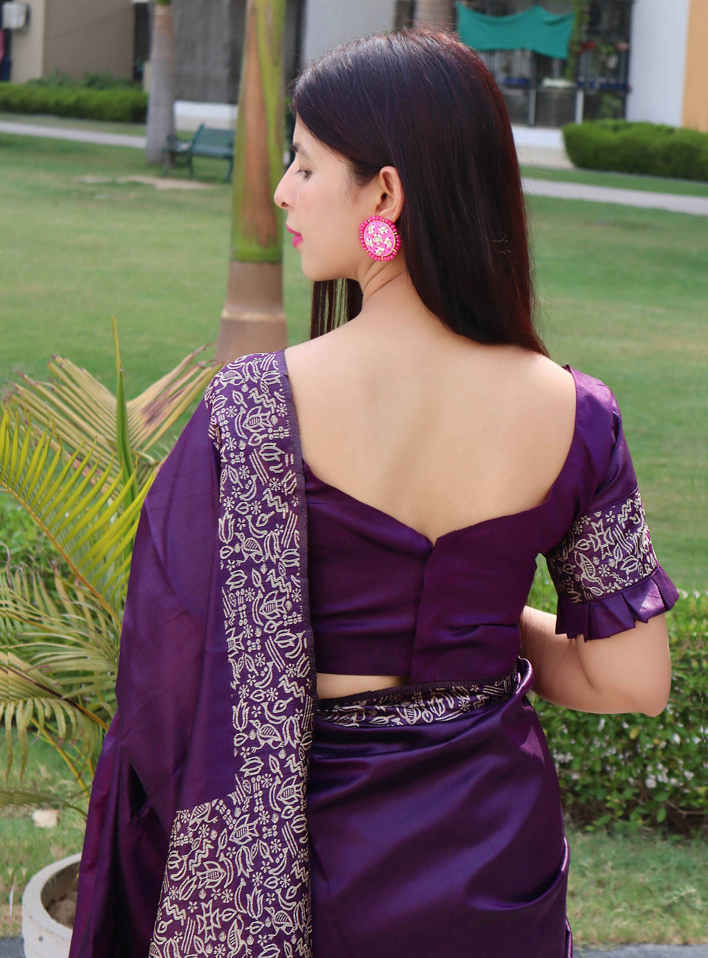 Women's Purple Handloom Raw Silk Saree with Printed Border & Blouse